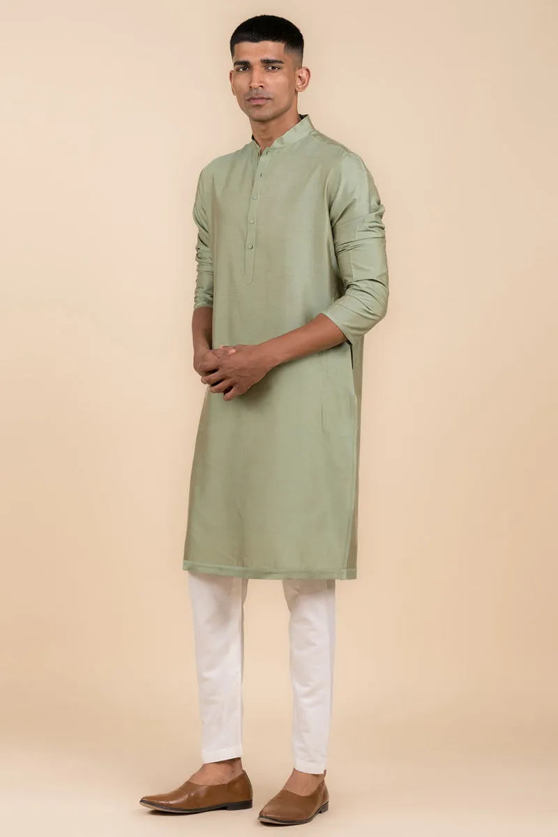 Green Single Kurta With Zero Point Collar