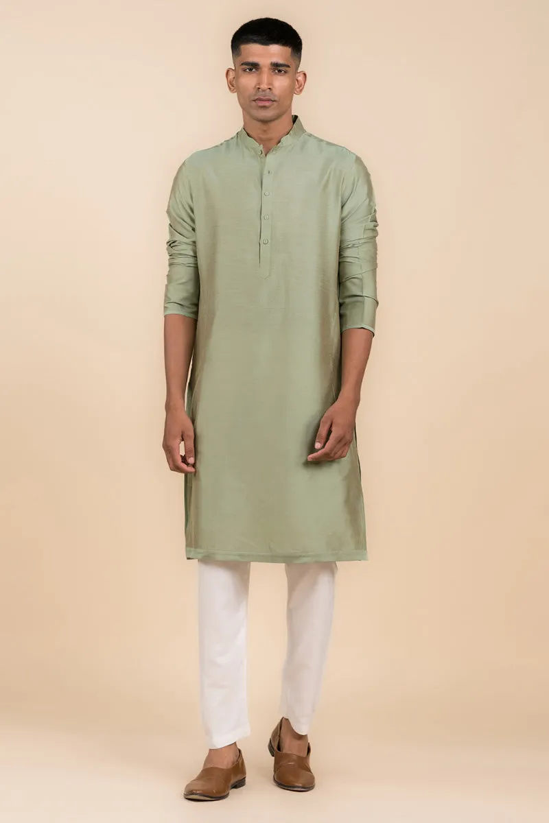 Green Single Kurta With Zero Point Collar