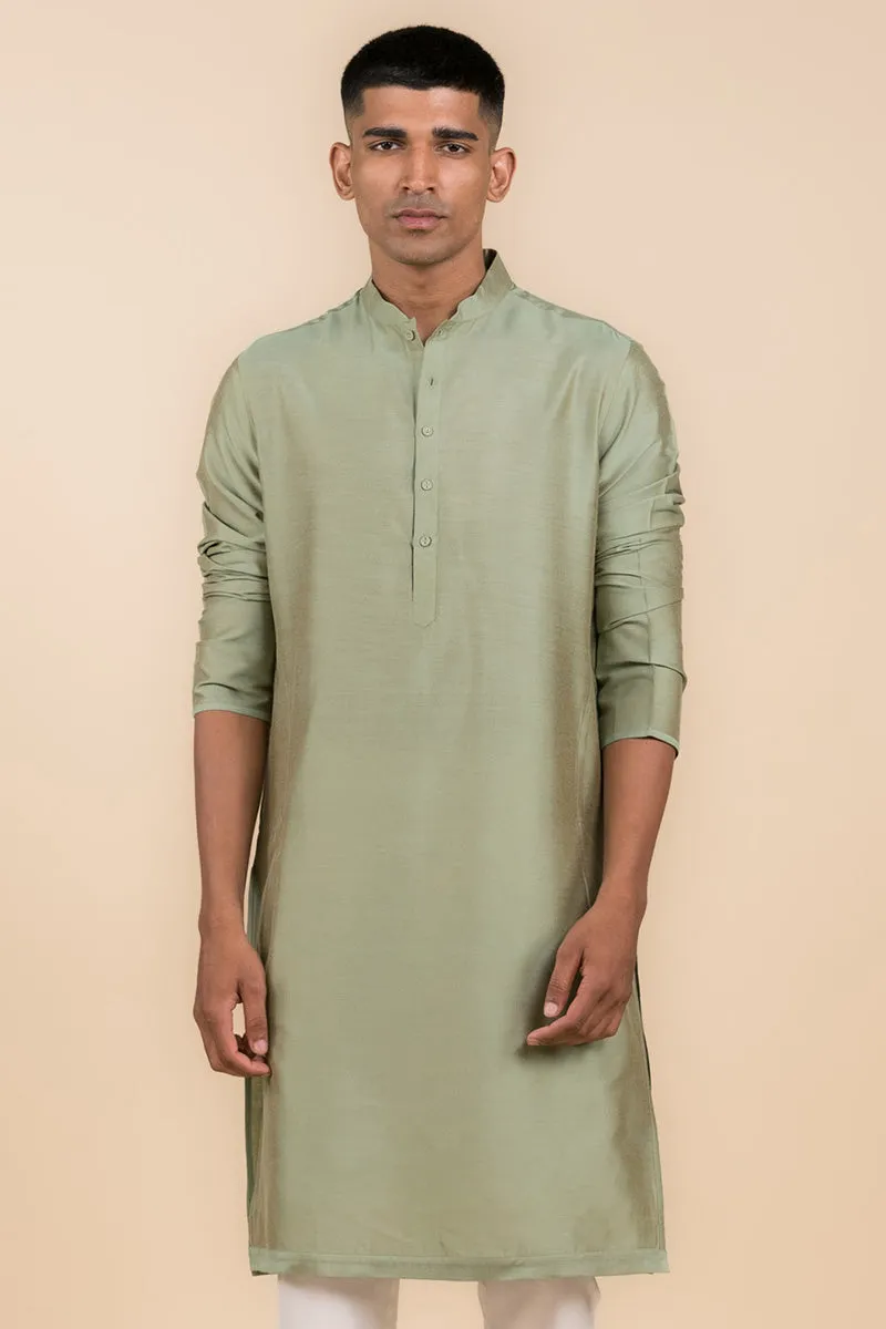 Green Single Kurta With Zero Point Collar