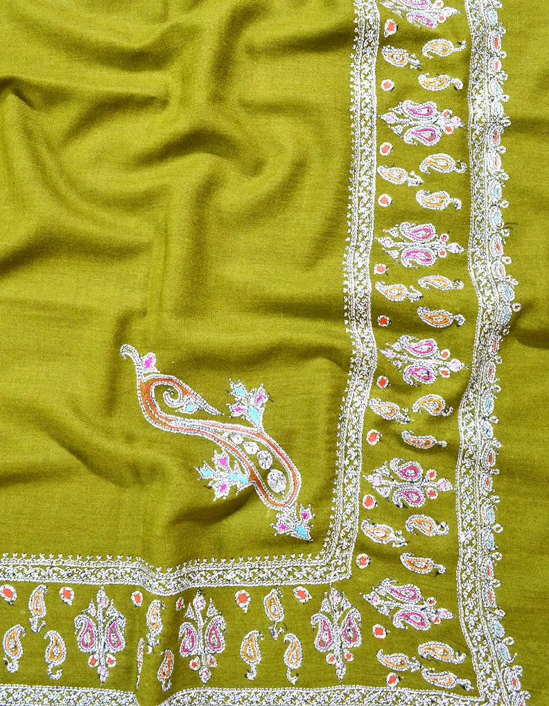 green tilla embroidery pashmina shawl 8159