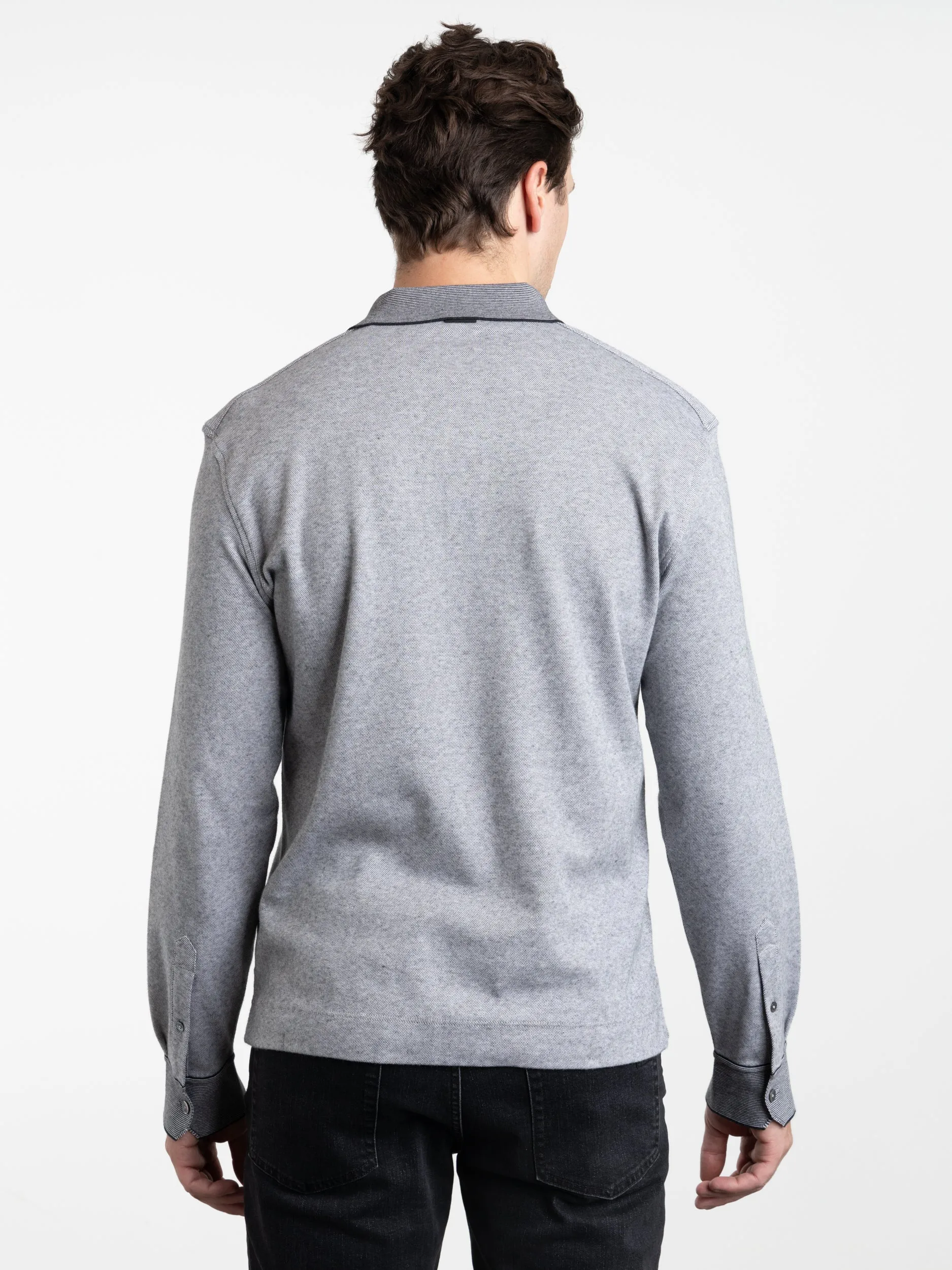 Grey Textured Long-Sleeve Polo