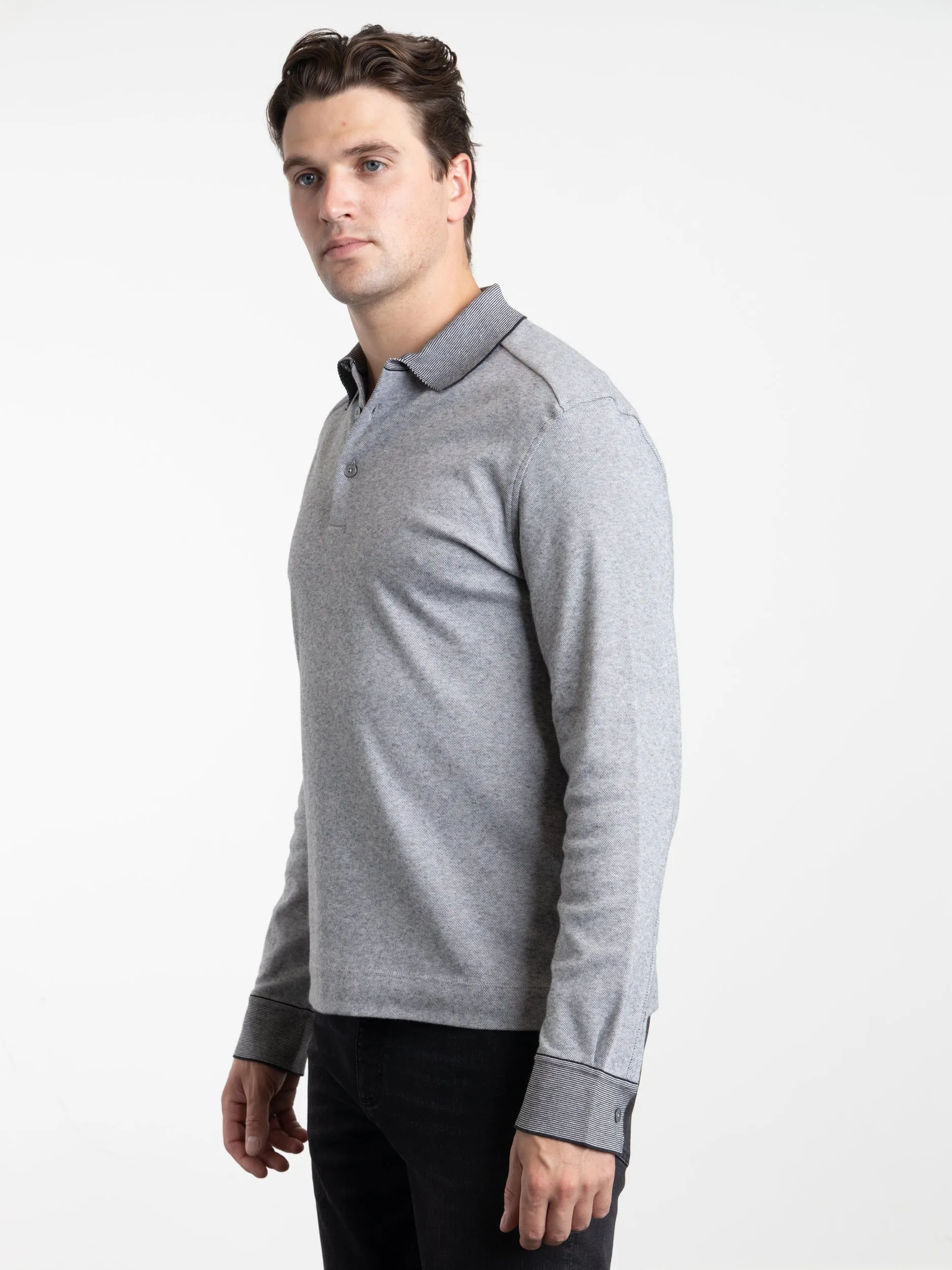 Grey Textured Long-Sleeve Polo