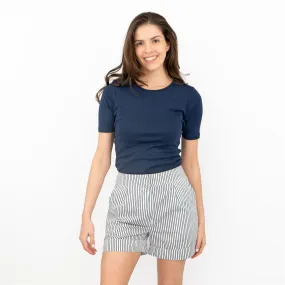 I Saw It First Women White Blue Stripe Casual Shorts with Pockets