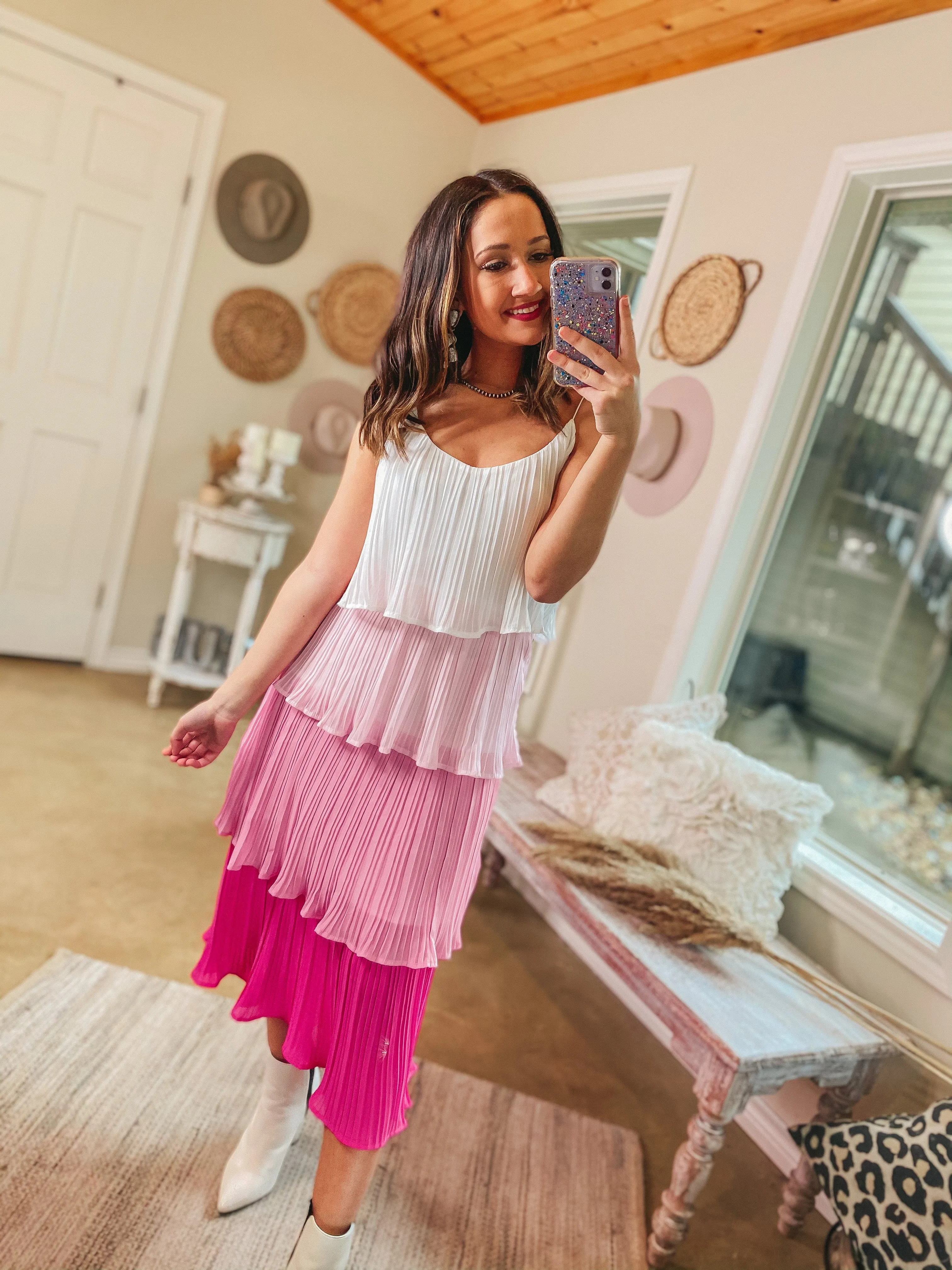 Last Chance Size Small | Poppin' Prosecco Ruffle Tiered Color Fade Midi Dress in Pink