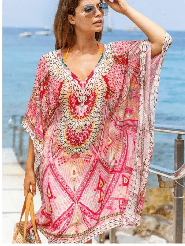 Lindsey Brown T Rhodes Silk Kaftan Pink Shell Print