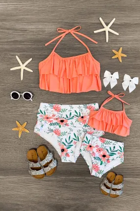 Mom & Me - Coral & Floral Ruffle Bikini