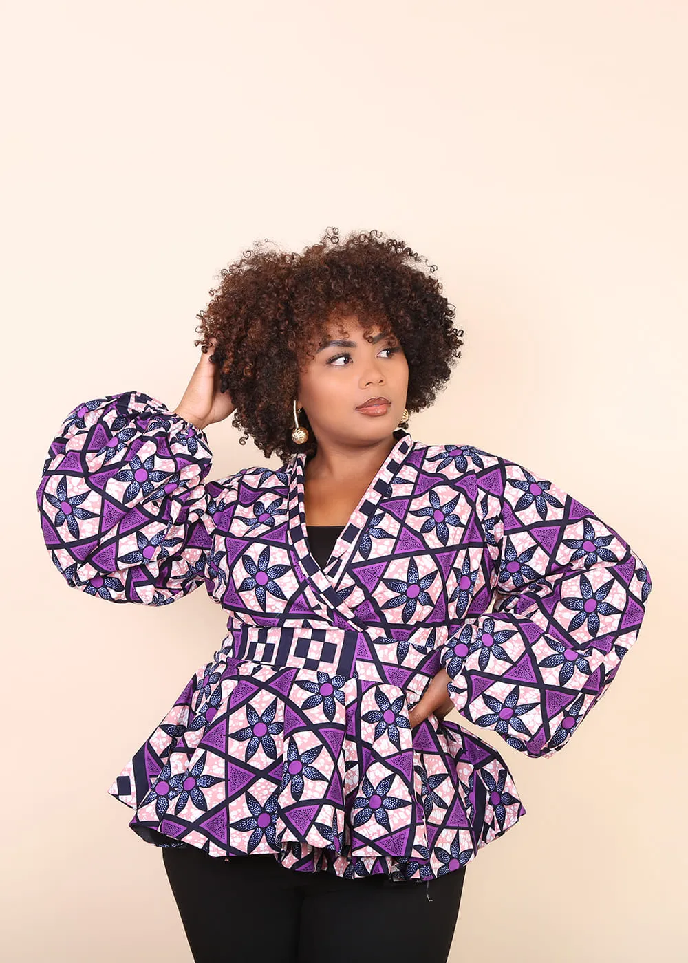 NERA African Print Women's Blouse (Puff Sleeve Peplum)