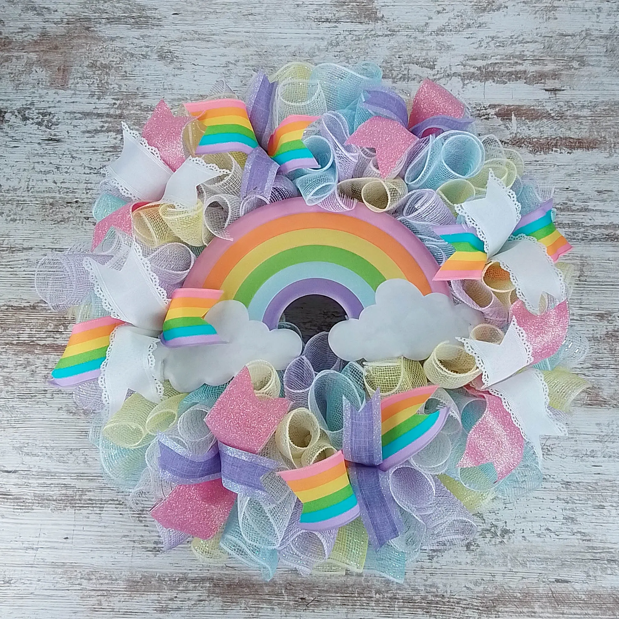 Pastel Rainbow Wreath, Decorative Door Hanger, Cheerful Spring Decoration