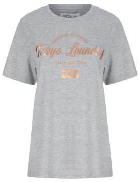 Payton Rose Gold Foil Motif Cotton Jersey T-Shirt in Light Grey Marl - Tokyo Laundry