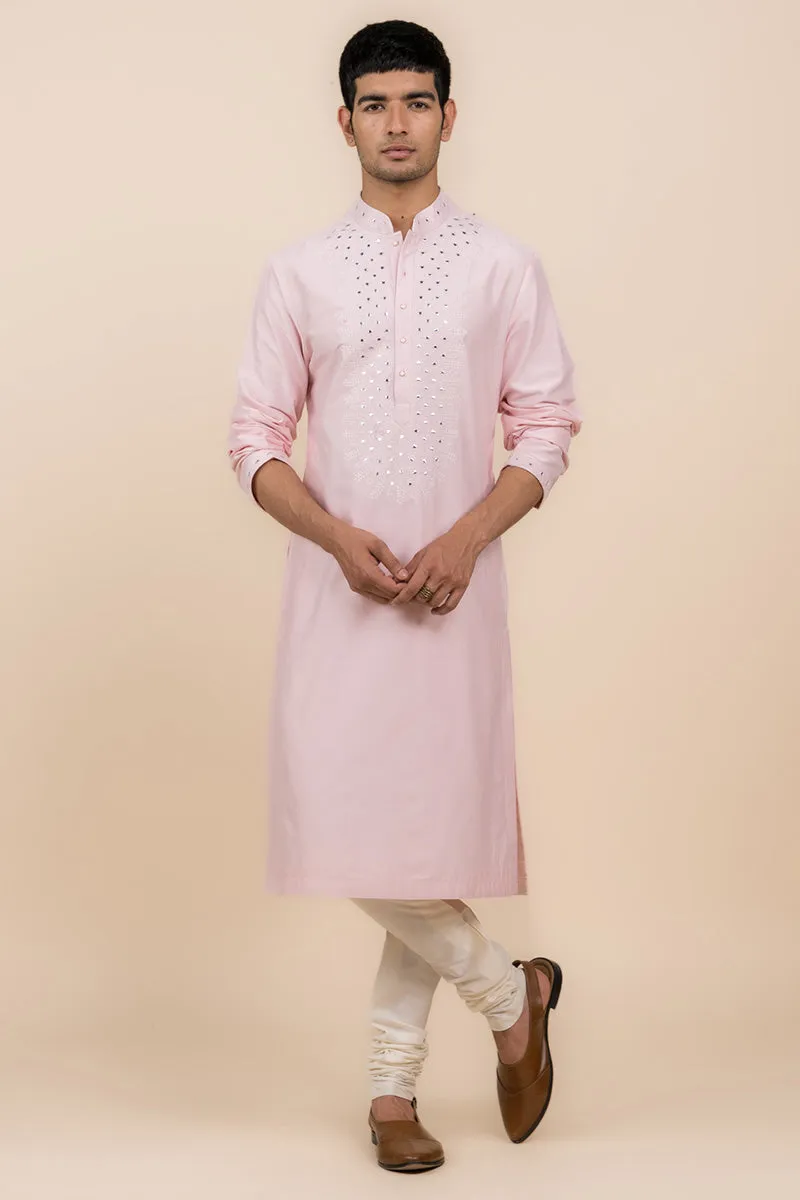 Pink Kurta Set With Embroidered Placket