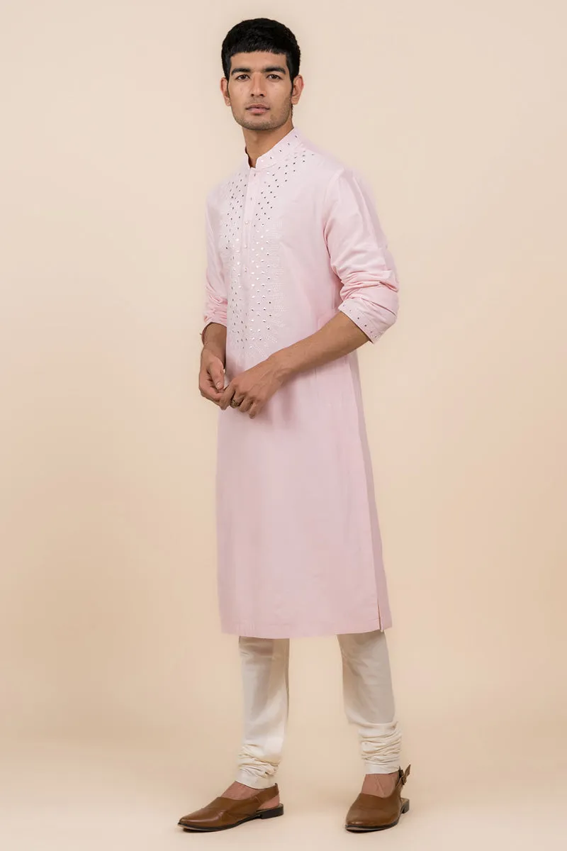 Pink Kurta Set With Embroidered Placket