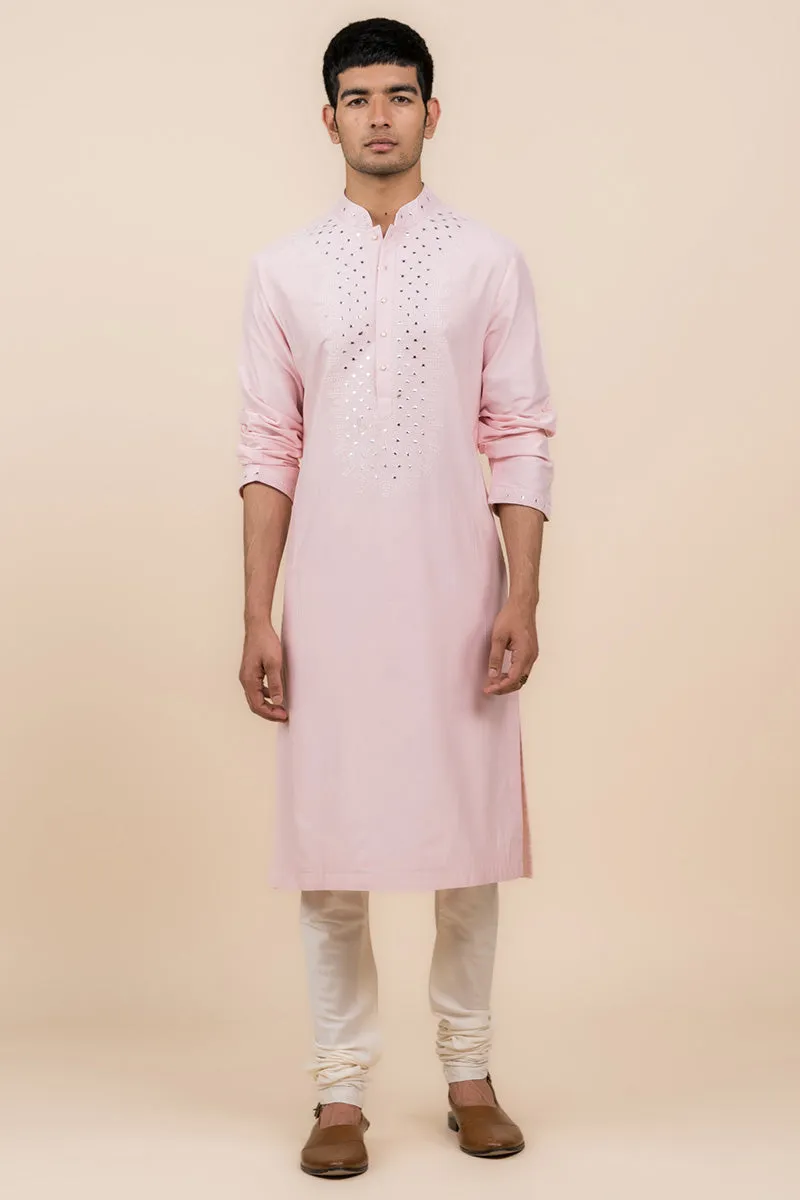 Pink Kurta Set With Embroidered Placket