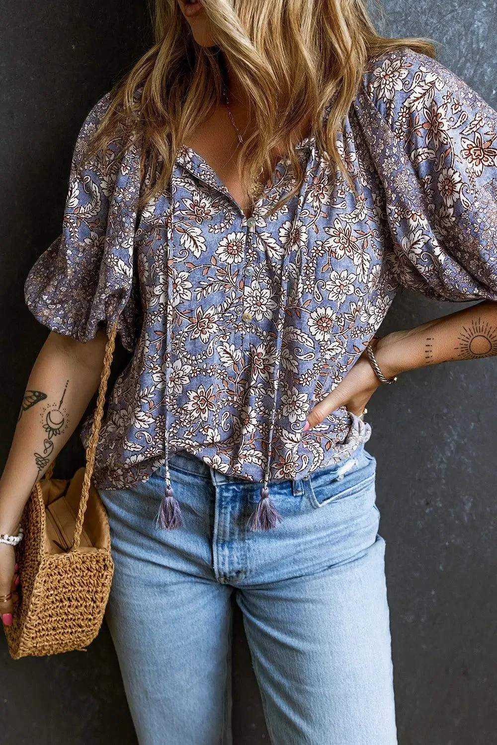 Printed Tie Neck Half Sleeve Blouse - Stylish and Comfortable Women's Top