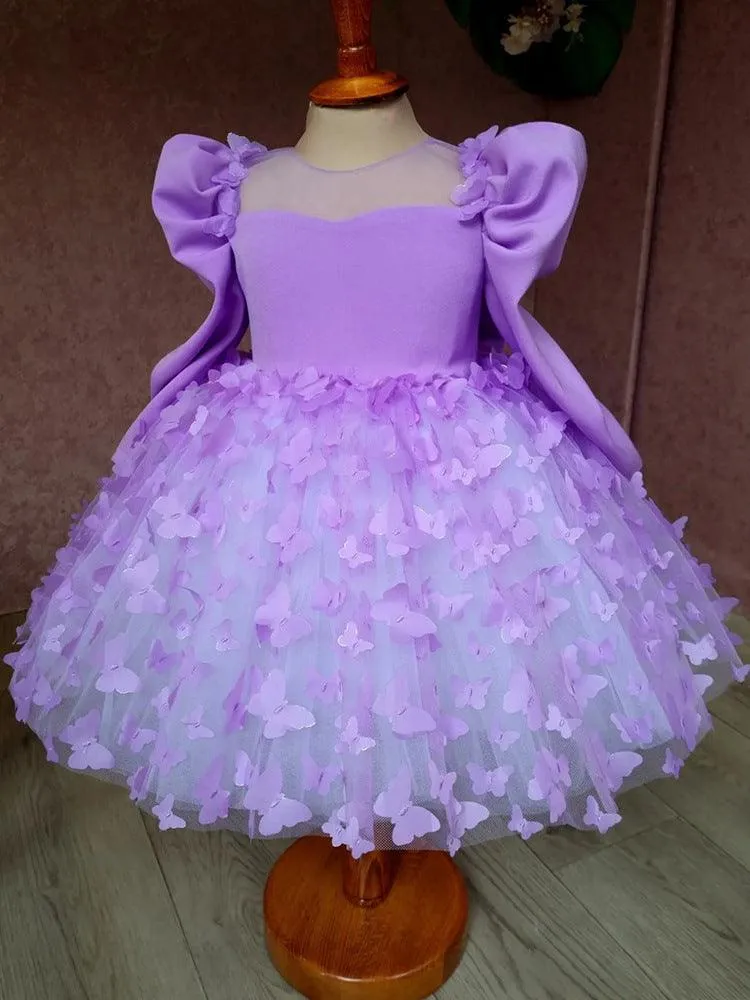 Purple long sleeve Bow flower Dress for girls Baby birthday party Princess dress