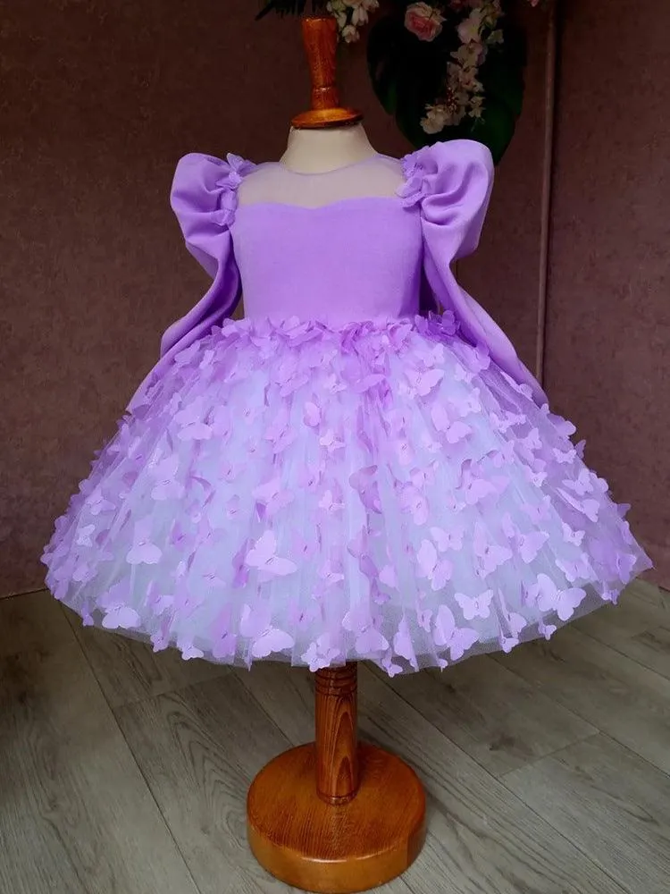 Purple long sleeve Bow flower Dress for girls Baby birthday party Princess dress