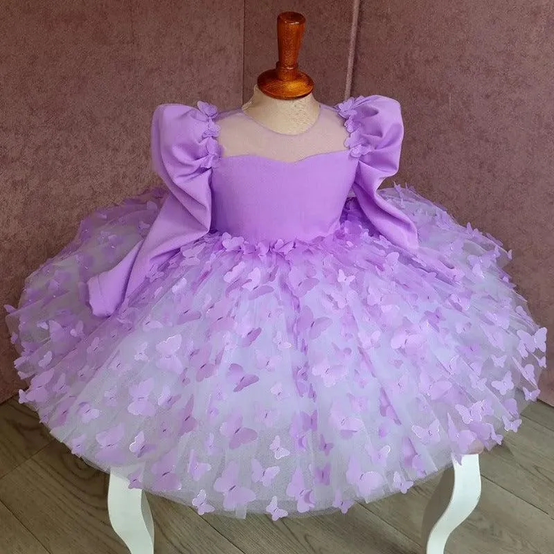 Purple long sleeve Bow flower Dress for girls Baby birthday party Princess dress