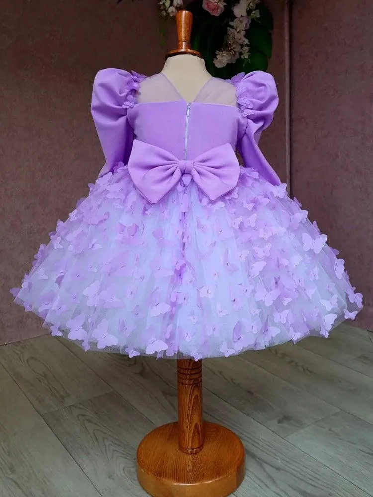 Purple long sleeve Bow flower Dress for girls Baby birthday party Princess dress