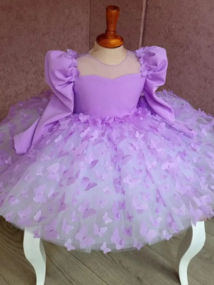 Purple long sleeve Bow flower Dress for girls Baby birthday party Princess dress