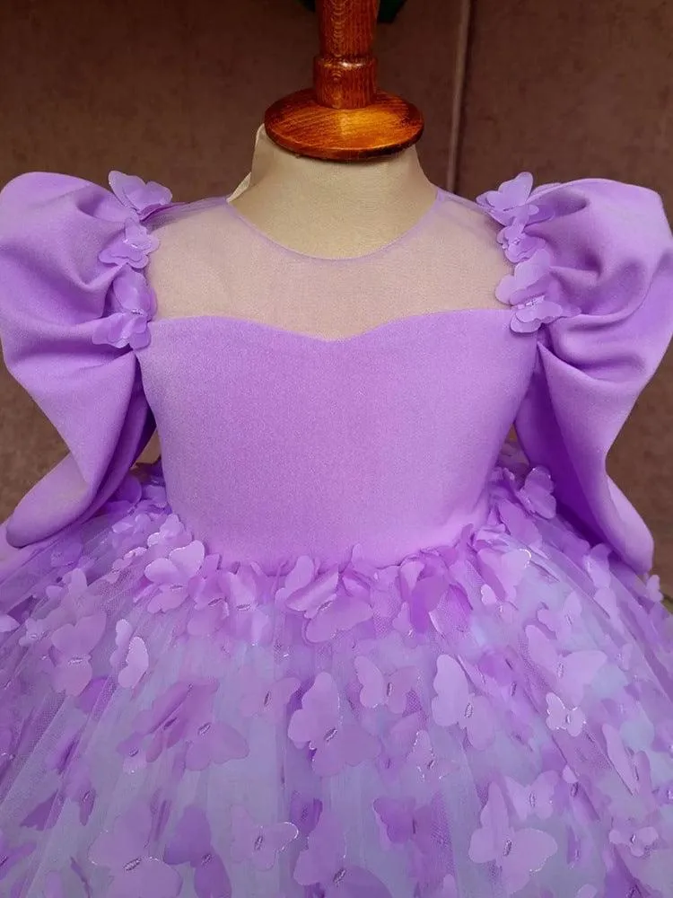 Purple long sleeve Bow flower Dress for girls Baby birthday party Princess dress