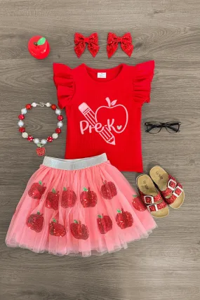 "Pre-K - 4th Grade" Pink Apple Tutu Skirt Set