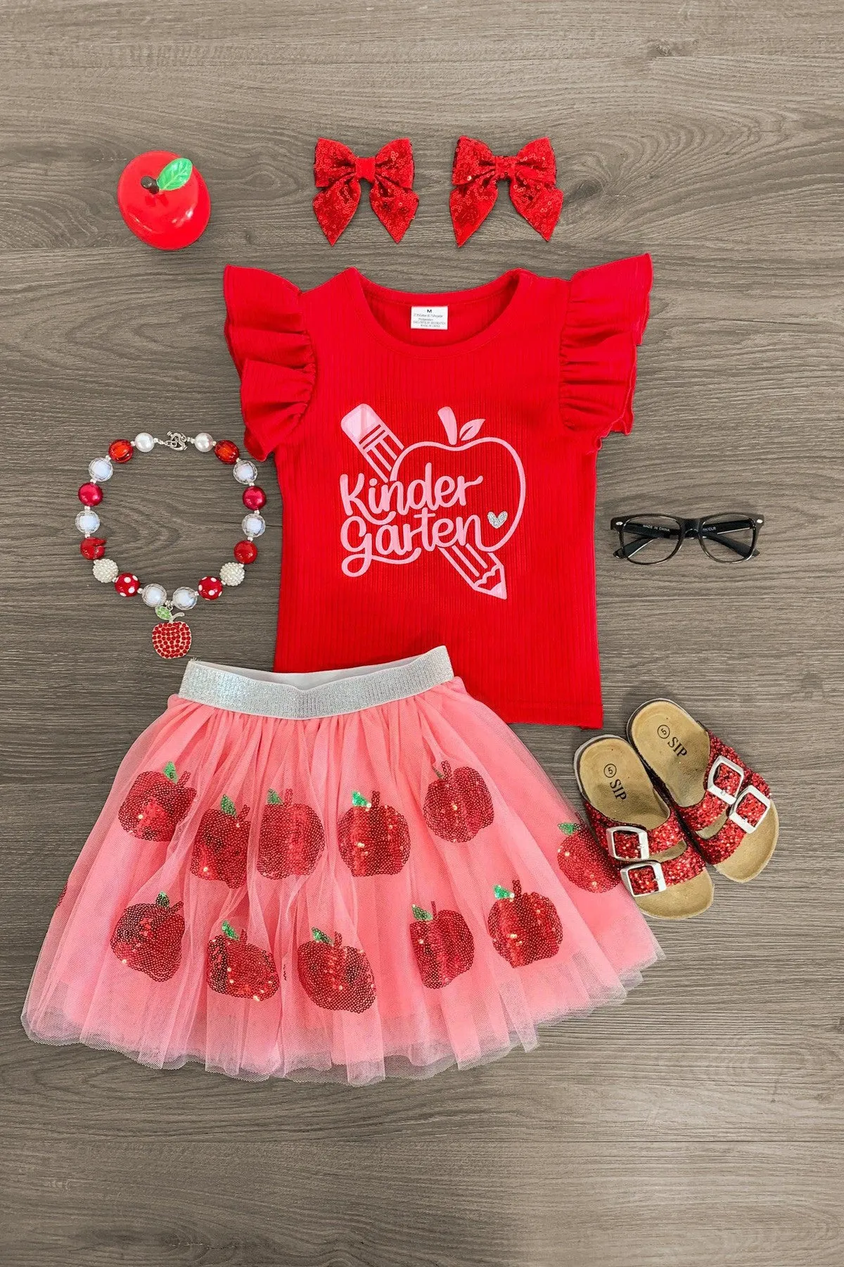 "Pre-K - 4th Grade" Pink Apple Tutu Skirt Set