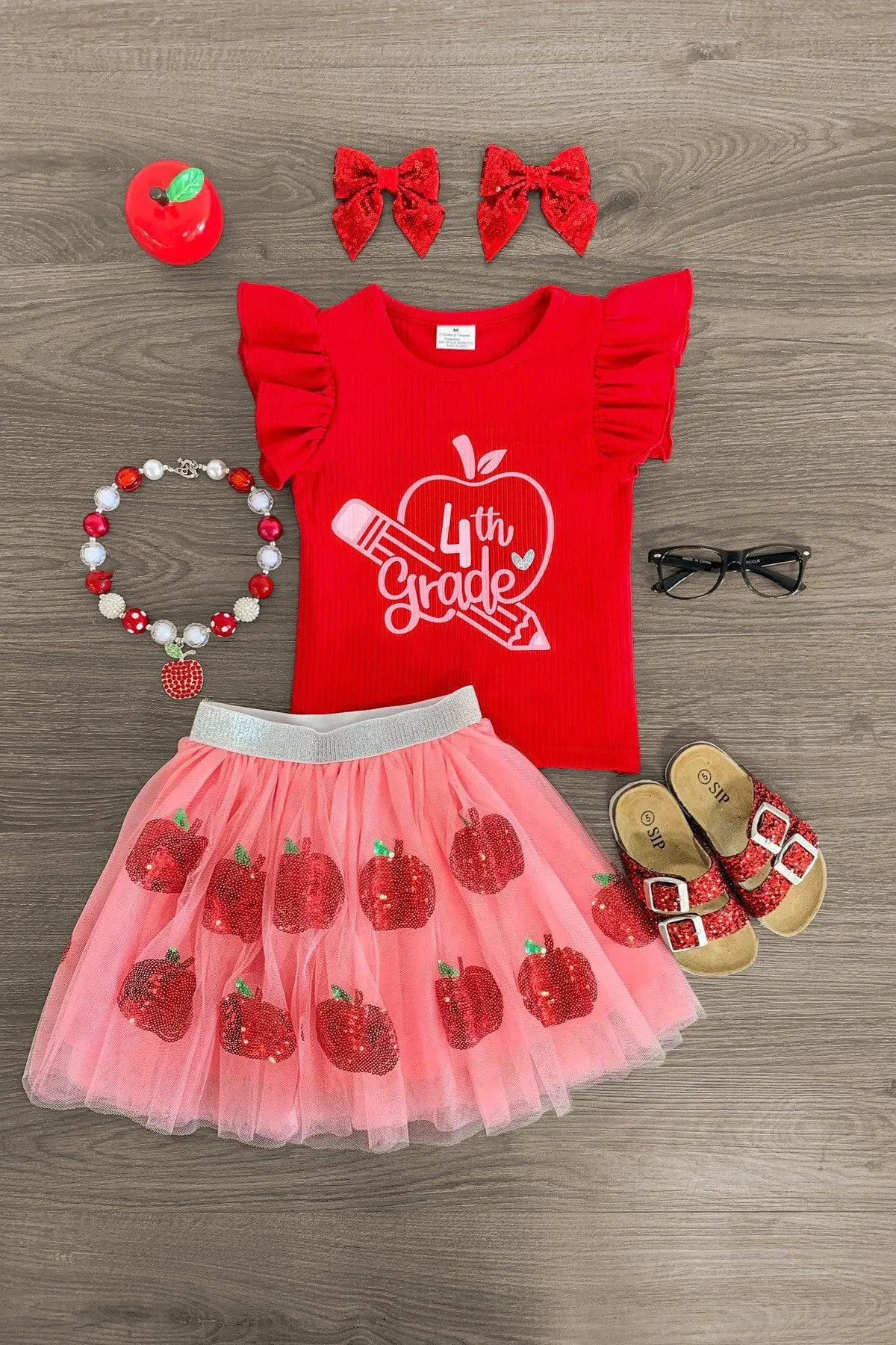 "Pre-K - 4th Grade" Pink Apple Tutu Skirt Set