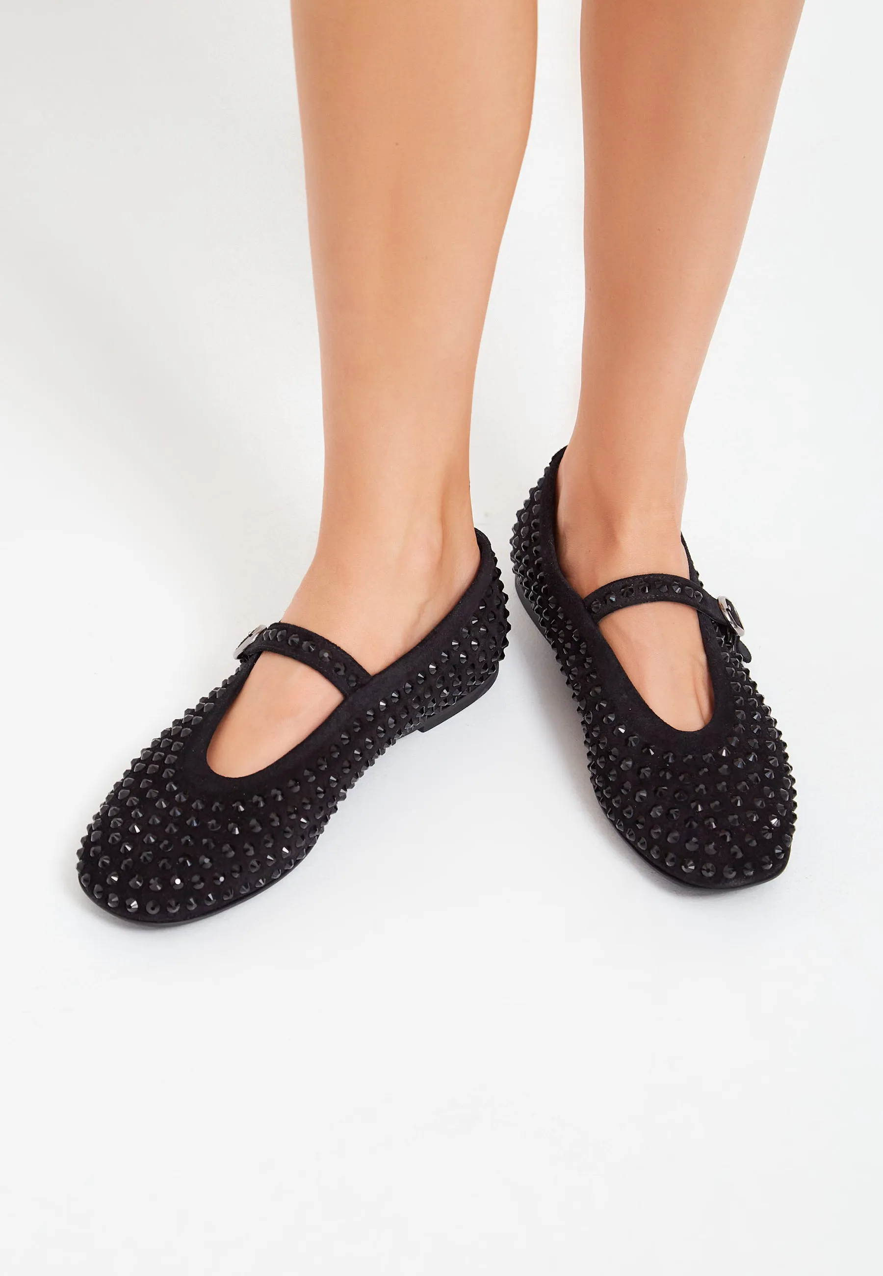 Rhinestones leather ballerinas - Black