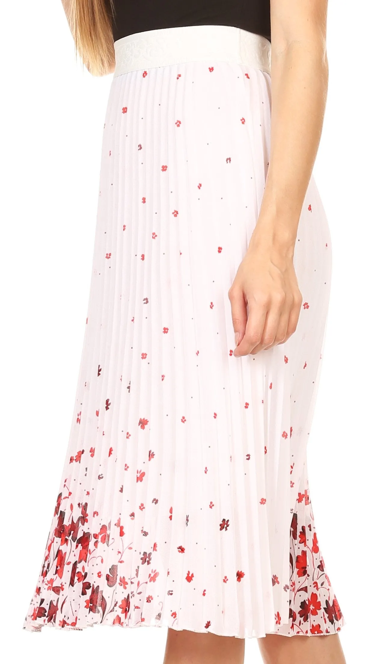 Sakkas Caasi Midi Pleated Light Crepe Skirt with Print and Elastic Waist