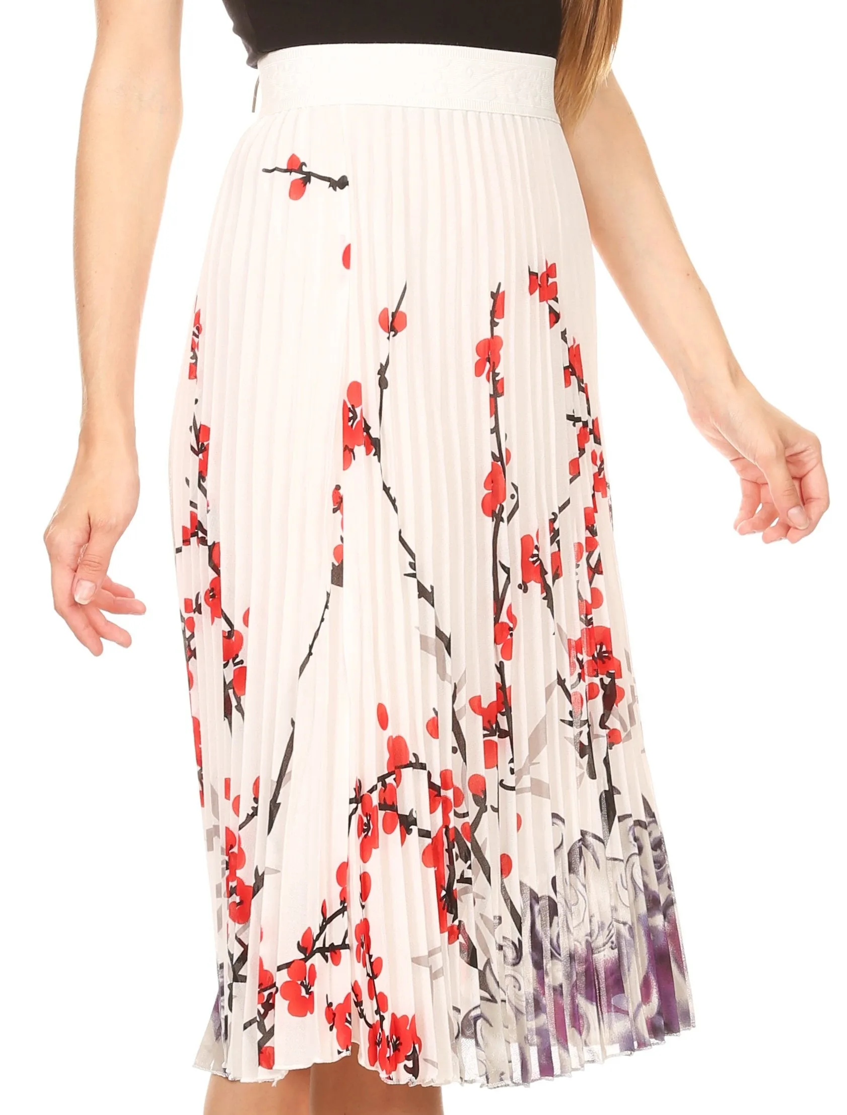 Sakkas Caasi Midi Pleated Light Crepe Skirt with Print and Elastic Waist