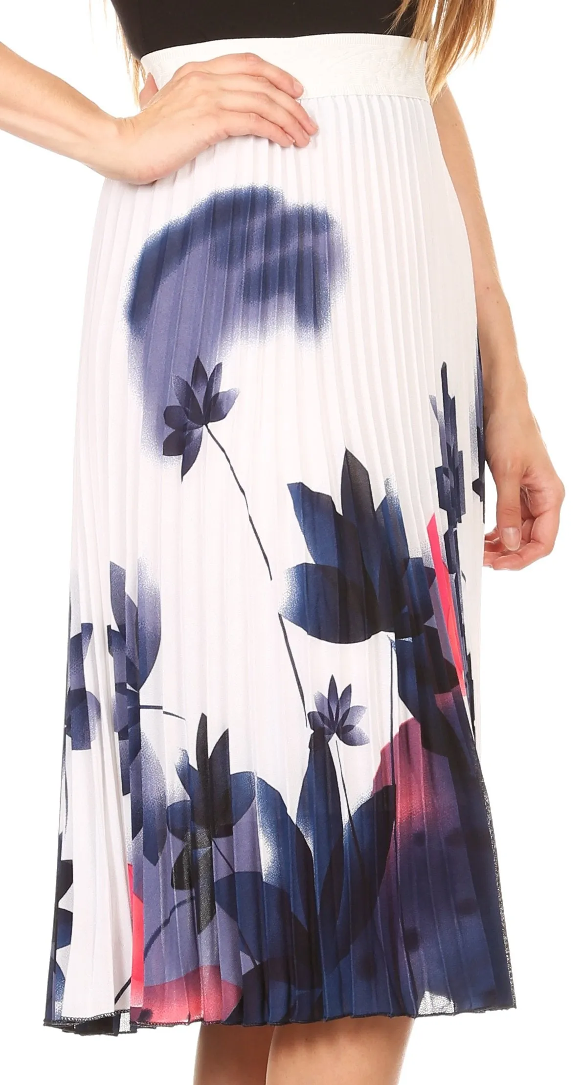 Sakkas Caasi Midi Pleated Light Crepe Skirt with Print and Elastic Waist