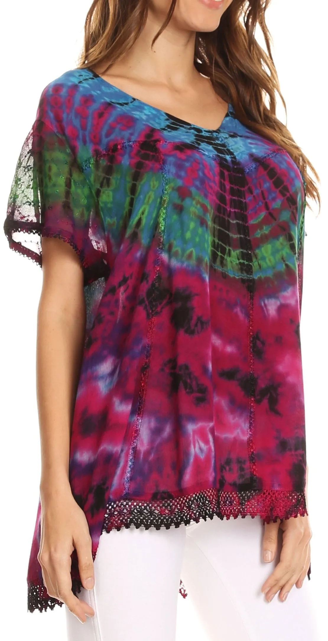 Sakkas Josea Relaxed Fit Tie Dye Embroidered Crepe Cap Sleeve Blouse | Cover Up