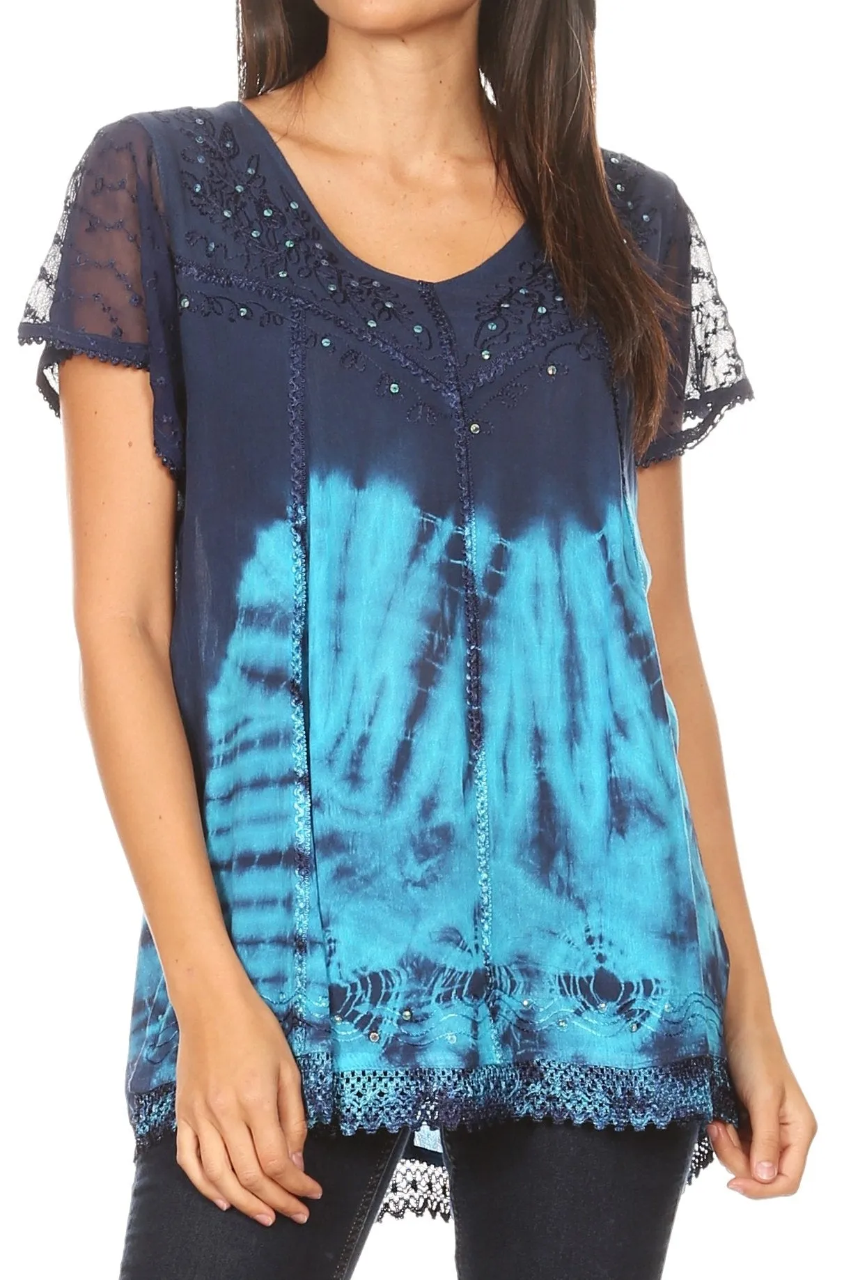 Sakkas Josea Relaxed Fit Tie Dye Embroidered Crepe Cap Sleeve Blouse | Cover Up