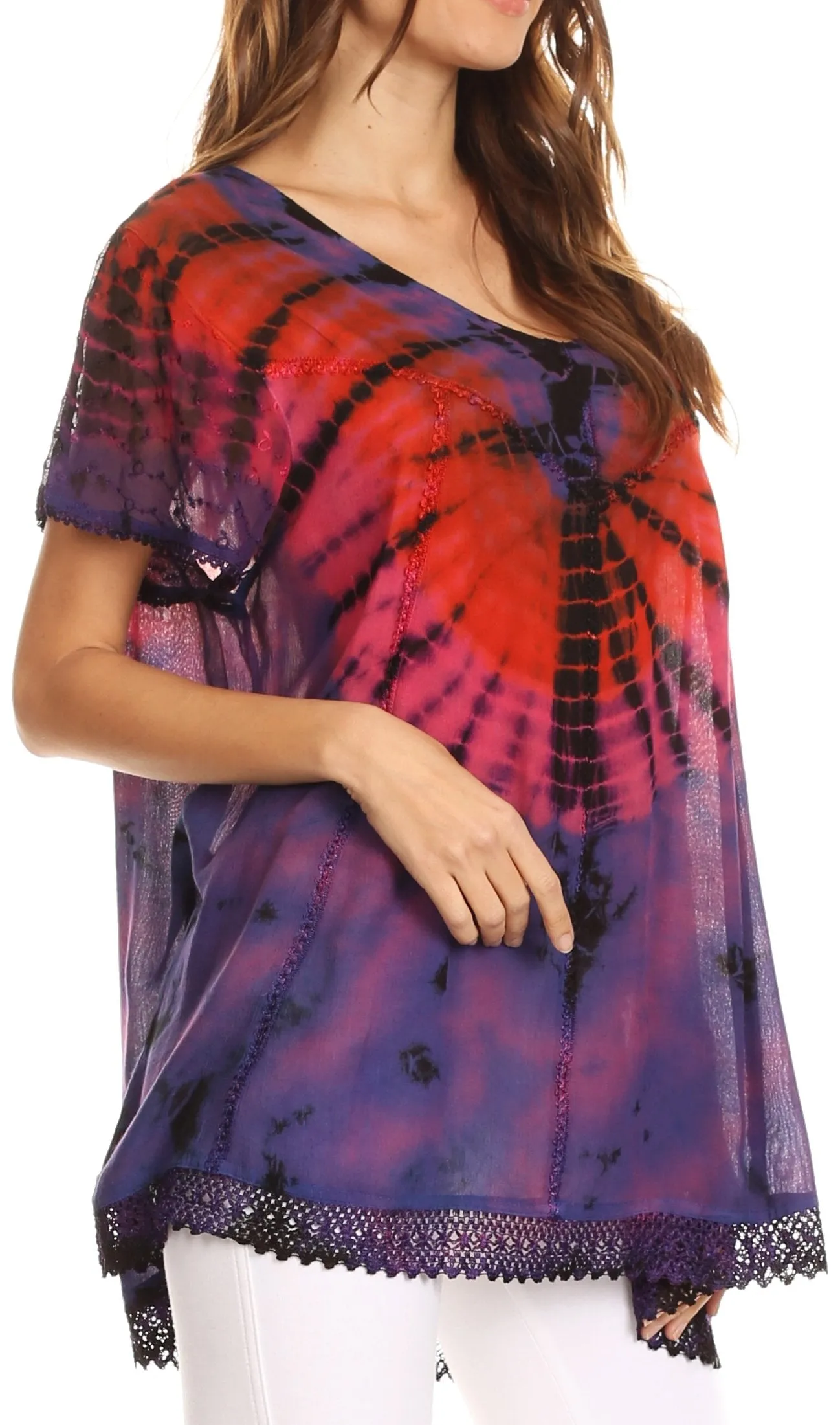 Sakkas Josea Relaxed Fit Tie Dye Embroidered Crepe Cap Sleeve Blouse | Cover Up