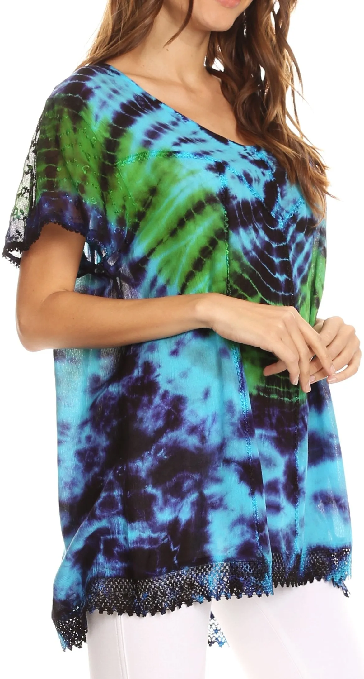 Sakkas Josea Relaxed Fit Tie Dye Embroidered Crepe Cap Sleeve Blouse | Cover Up