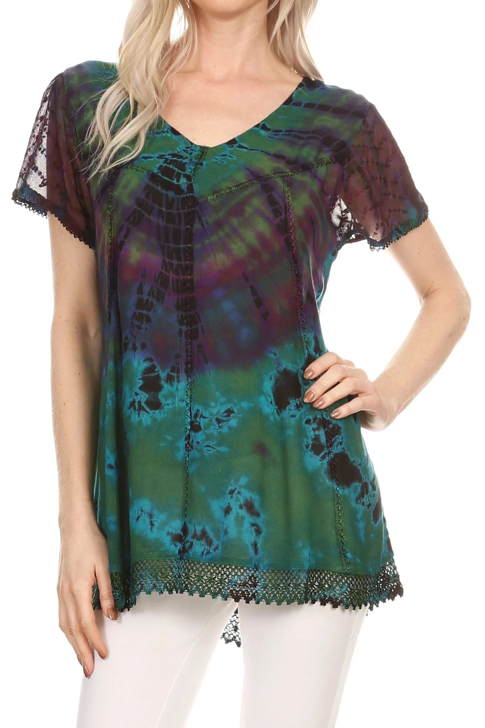 Sakkas Josea Relaxed Fit Tie Dye Embroidered Crepe Cap Sleeve Blouse | Cover Up