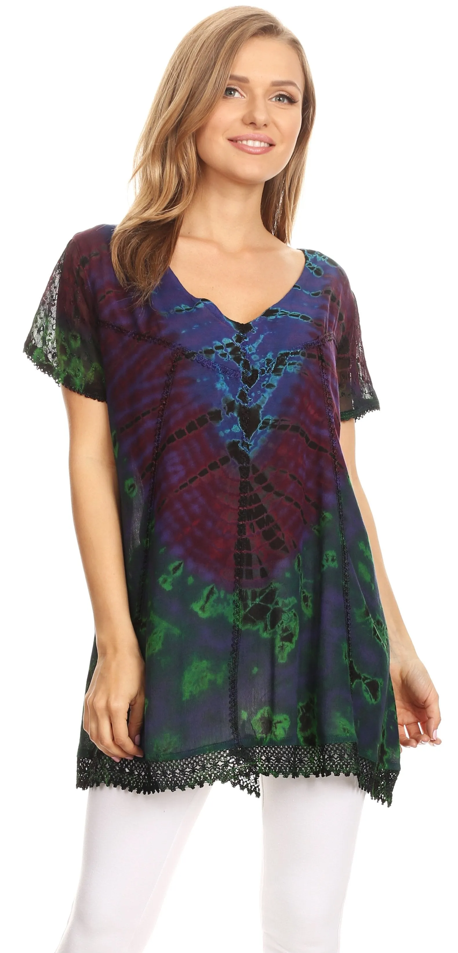 Sakkas Josea Relaxed Fit Tie Dye Embroidered Crepe Cap Sleeve Blouse | Cover Up