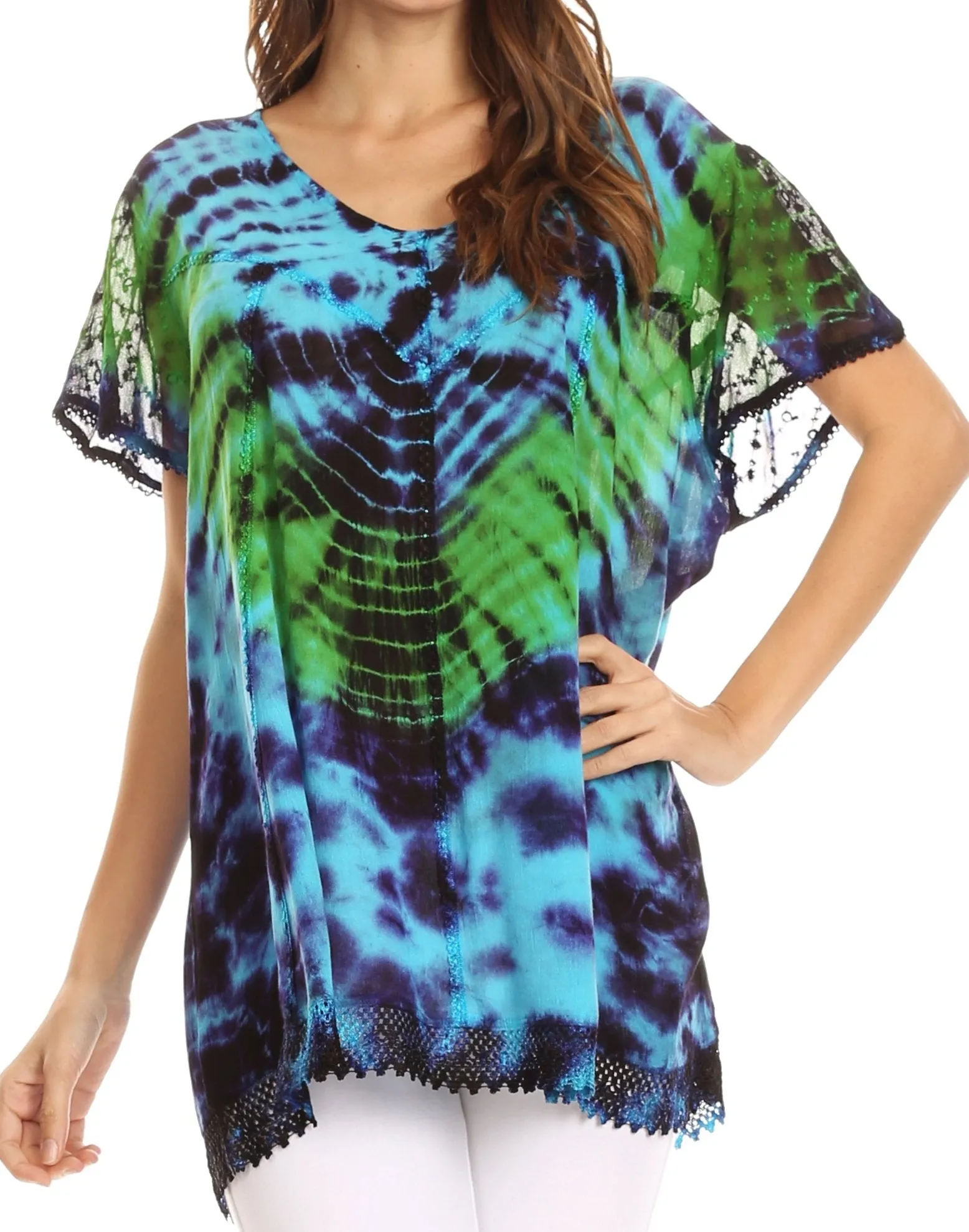 Sakkas Josea Relaxed Fit Tie Dye Embroidered Crepe Cap Sleeve Blouse | Cover Up