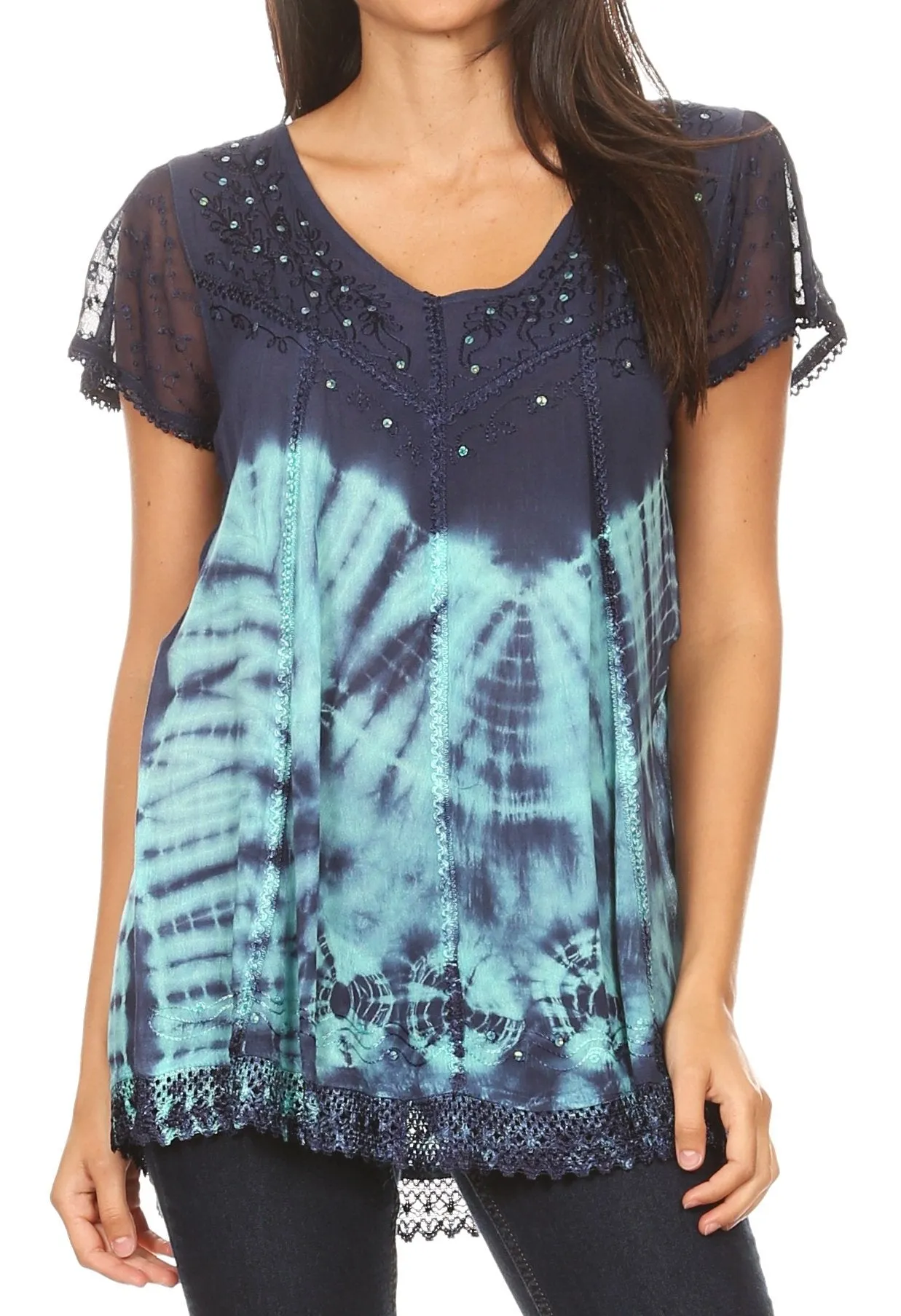 Sakkas Josea Relaxed Fit Tie Dye Embroidered Crepe Cap Sleeve Blouse | Cover Up