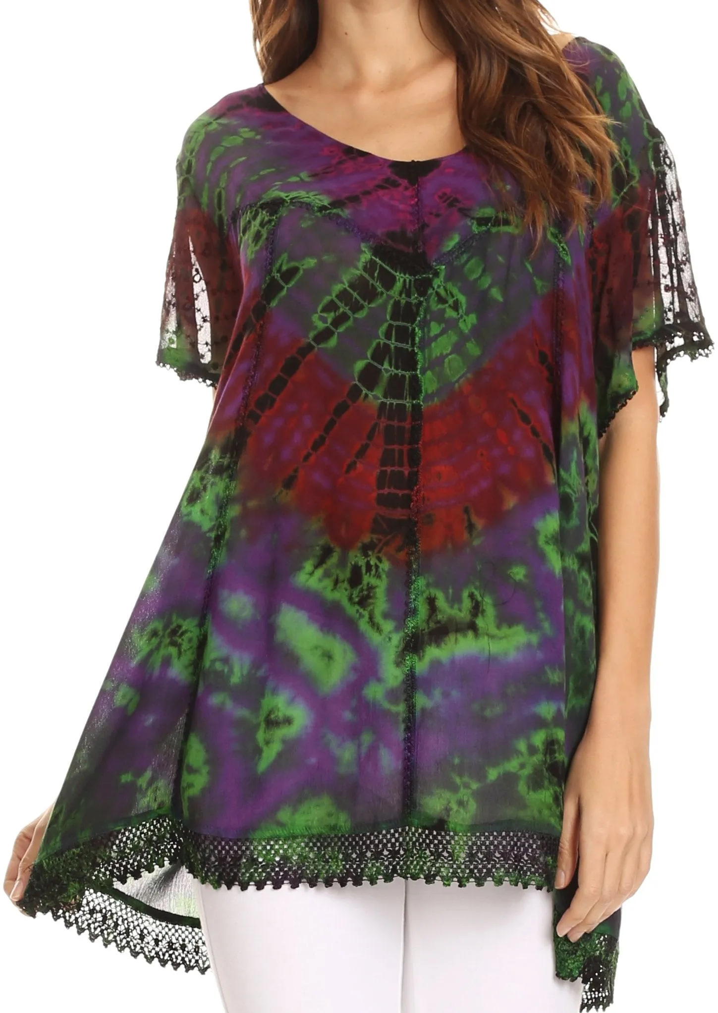 Sakkas Josea Relaxed Fit Tie Dye Embroidered Crepe Cap Sleeve Blouse | Cover Up