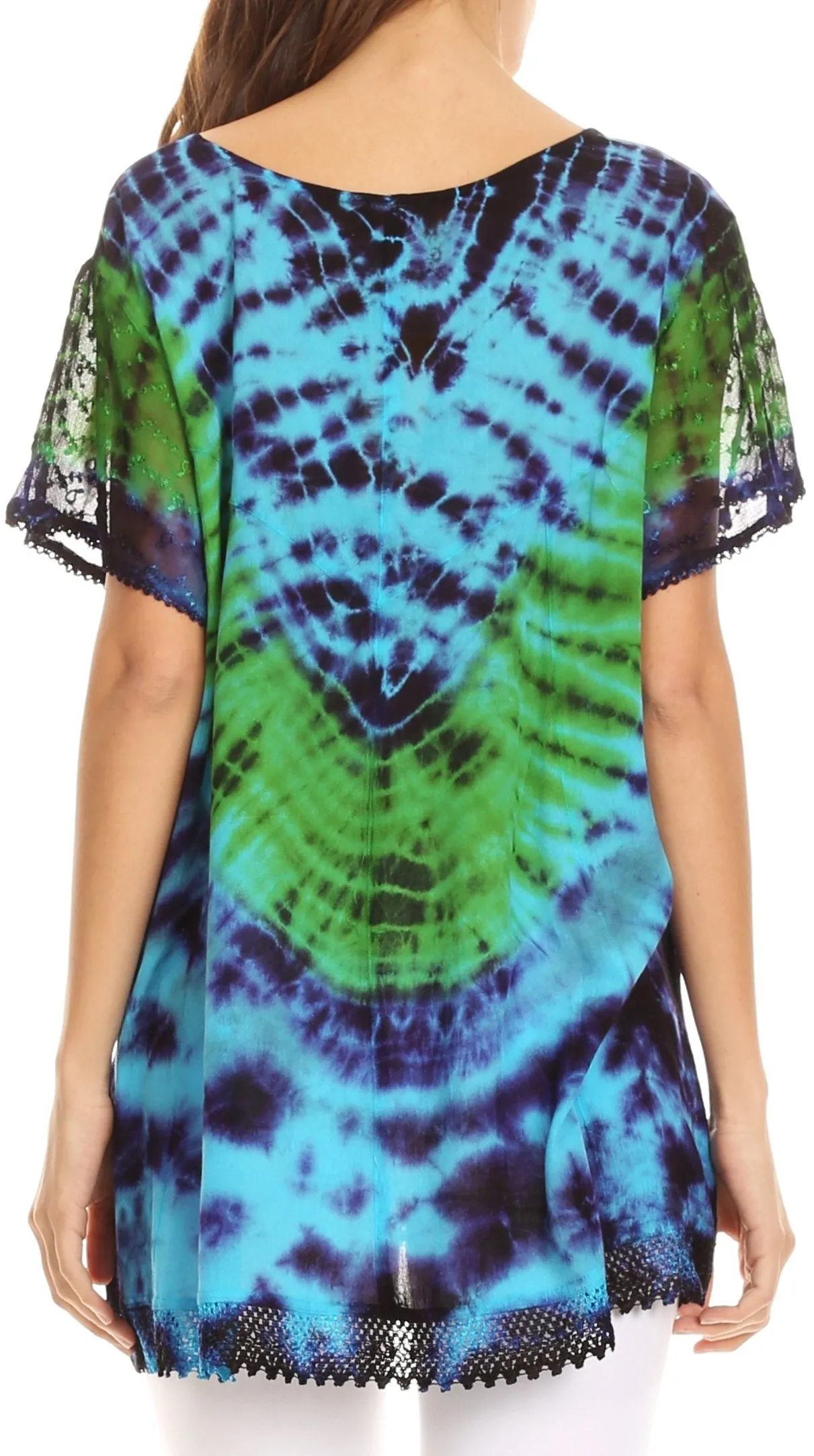 Sakkas Josea Relaxed Fit Tie Dye Embroidered Crepe Cap Sleeve Blouse | Cover Up