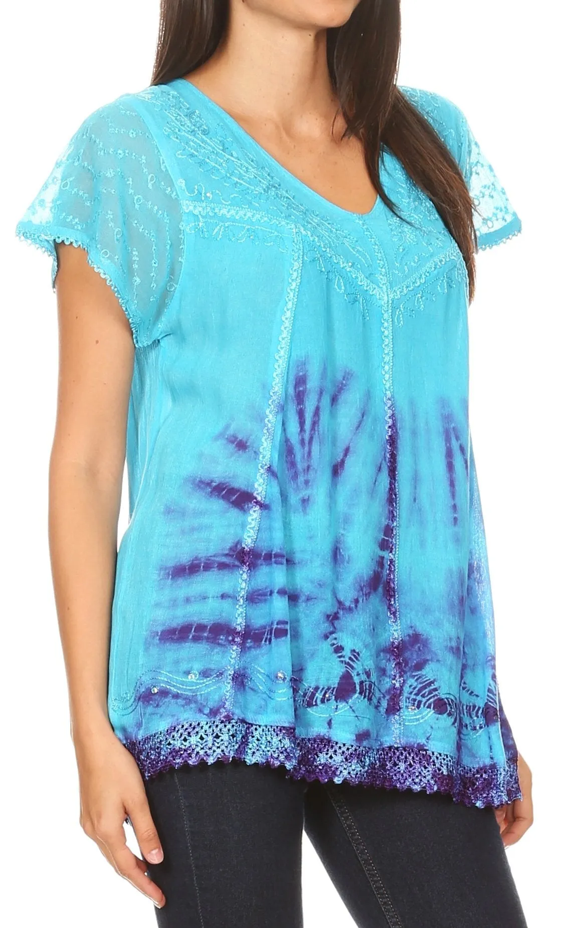 Sakkas Josea Relaxed Fit Tie Dye Embroidered Crepe Cap Sleeve Blouse | Cover Up