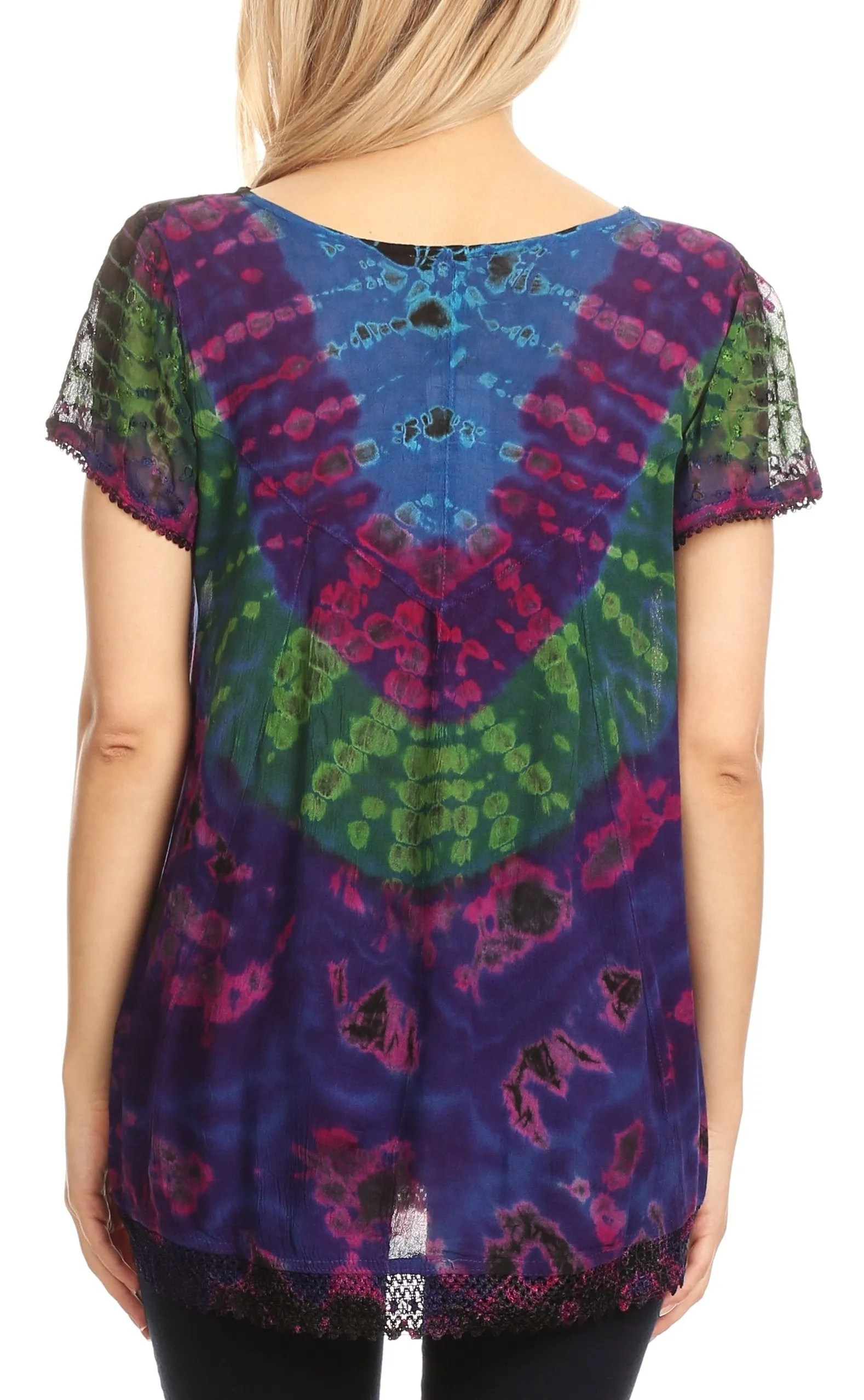 Sakkas Josea Relaxed Fit Tie Dye Embroidered Crepe Cap Sleeve Blouse | Cover Up