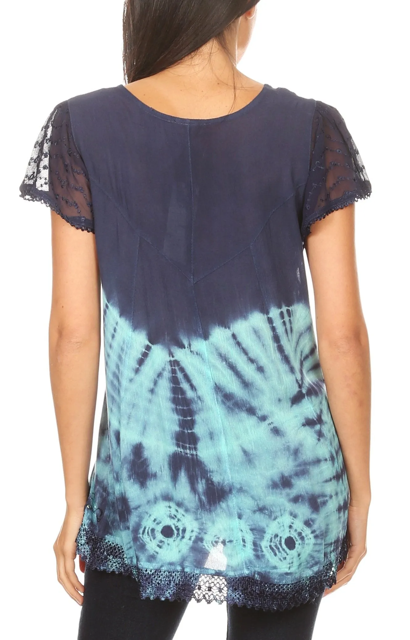 Sakkas Josea Relaxed Fit Tie Dye Embroidered Crepe Cap Sleeve Blouse | Cover Up