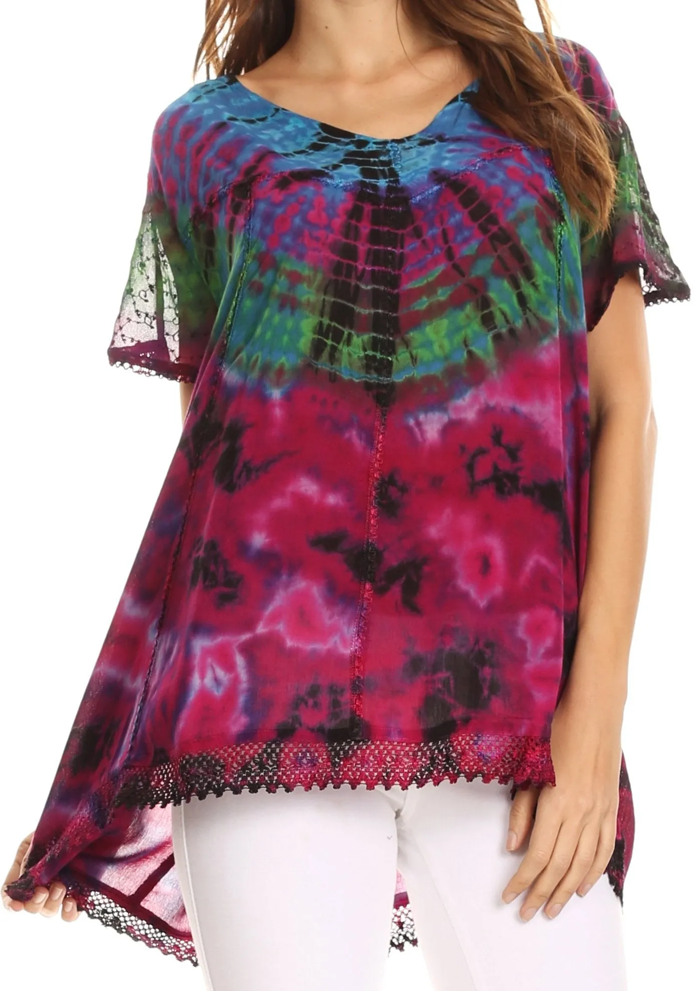 Sakkas Josea Relaxed Fit Tie Dye Embroidered Crepe Cap Sleeve Blouse | Cover Up