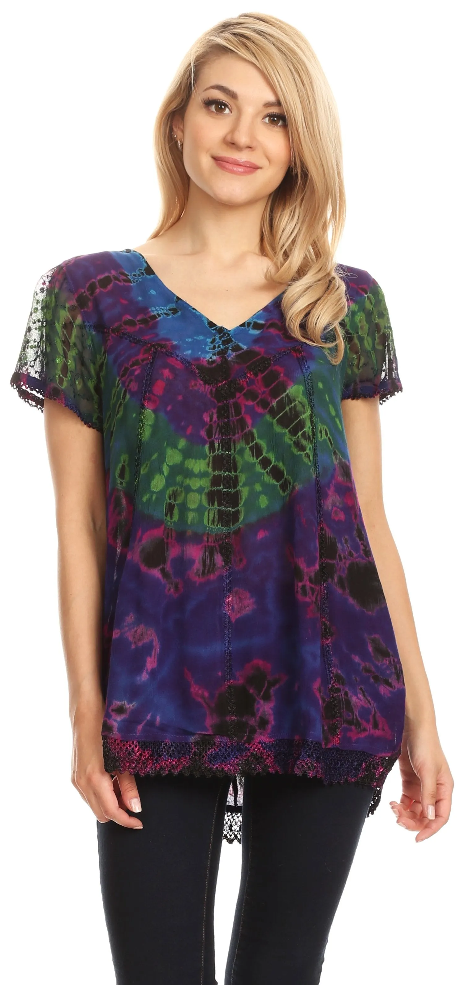 Sakkas Josea Relaxed Fit Tie Dye Embroidered Crepe Cap Sleeve Blouse | Cover Up