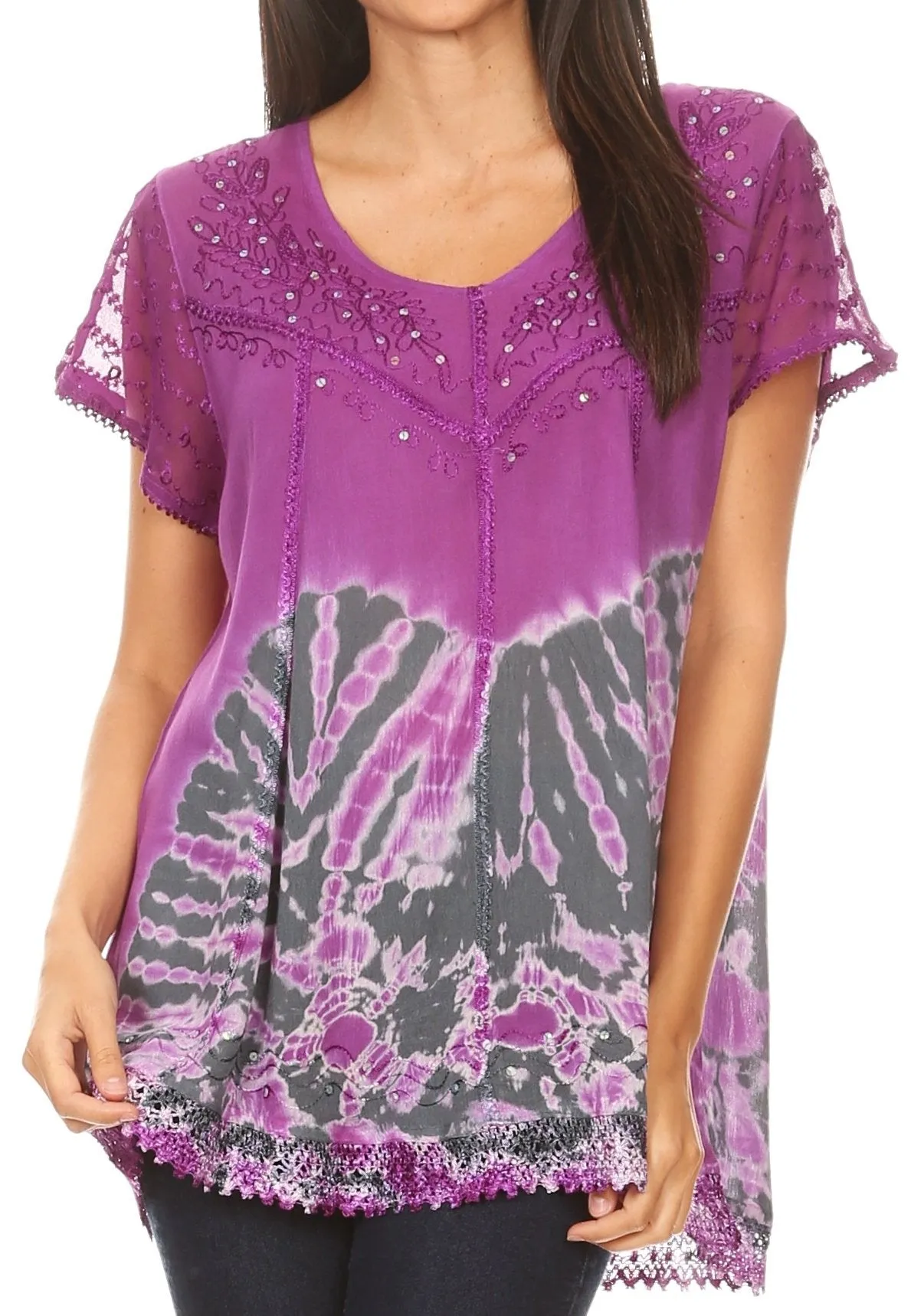 Sakkas Josea Relaxed Fit Tie Dye Embroidered Crepe Cap Sleeve Blouse | Cover Up