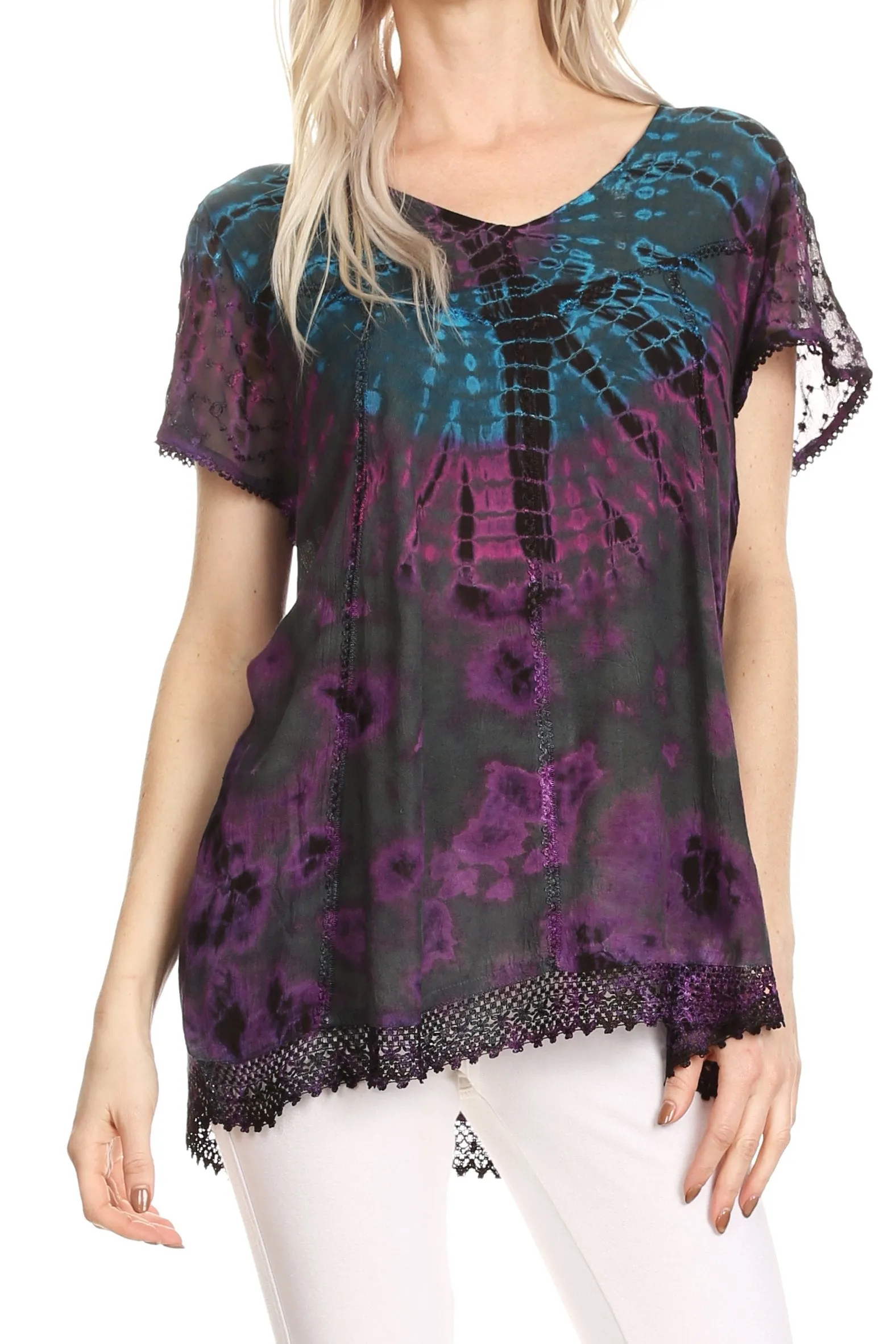 Sakkas Josea Relaxed Fit Tie Dye Embroidered Crepe Cap Sleeve Blouse | Cover Up