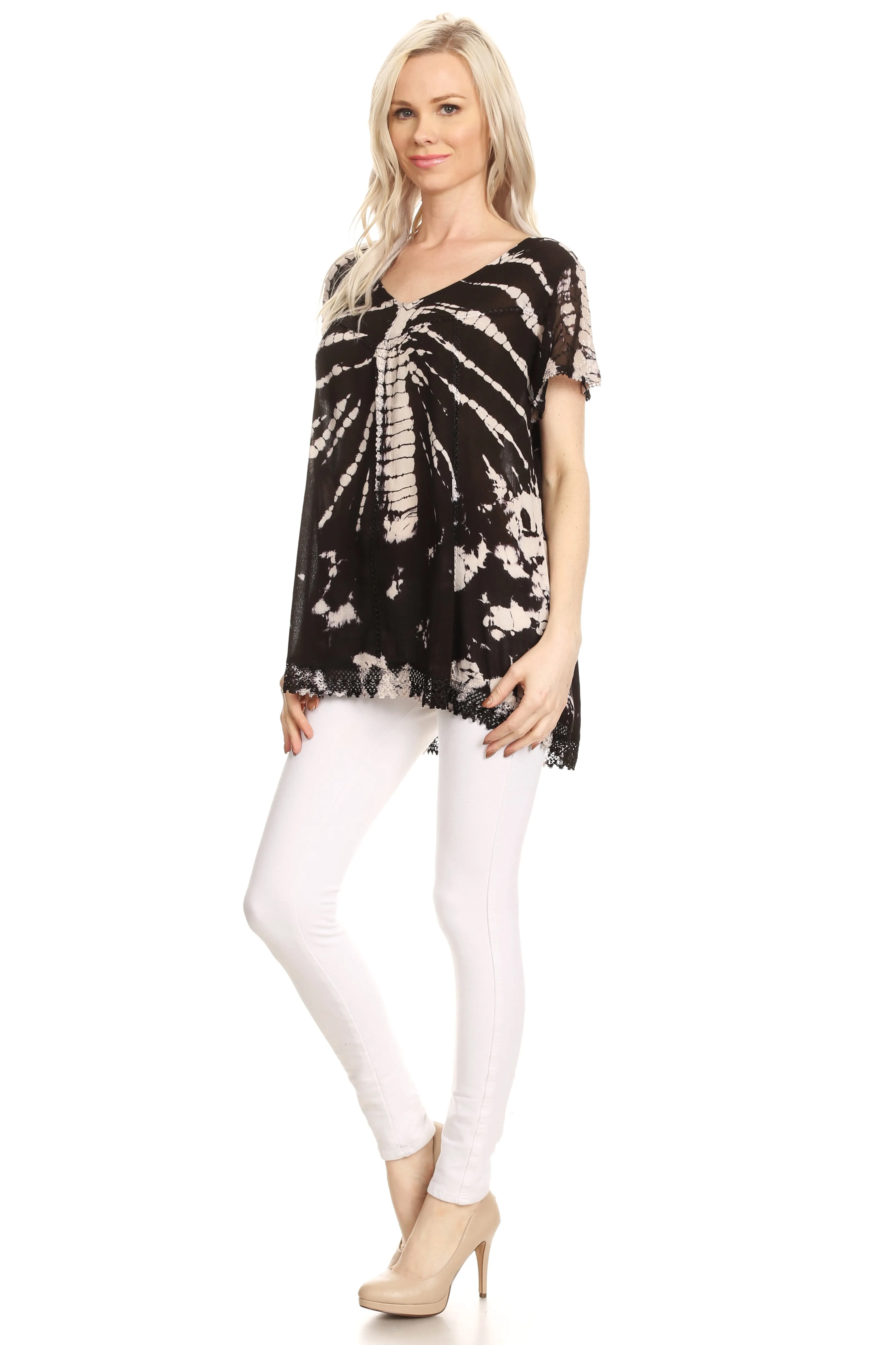 Sakkas Josea Relaxed Fit Tie Dye Embroidered Crepe Cap Sleeve Blouse | Cover Up