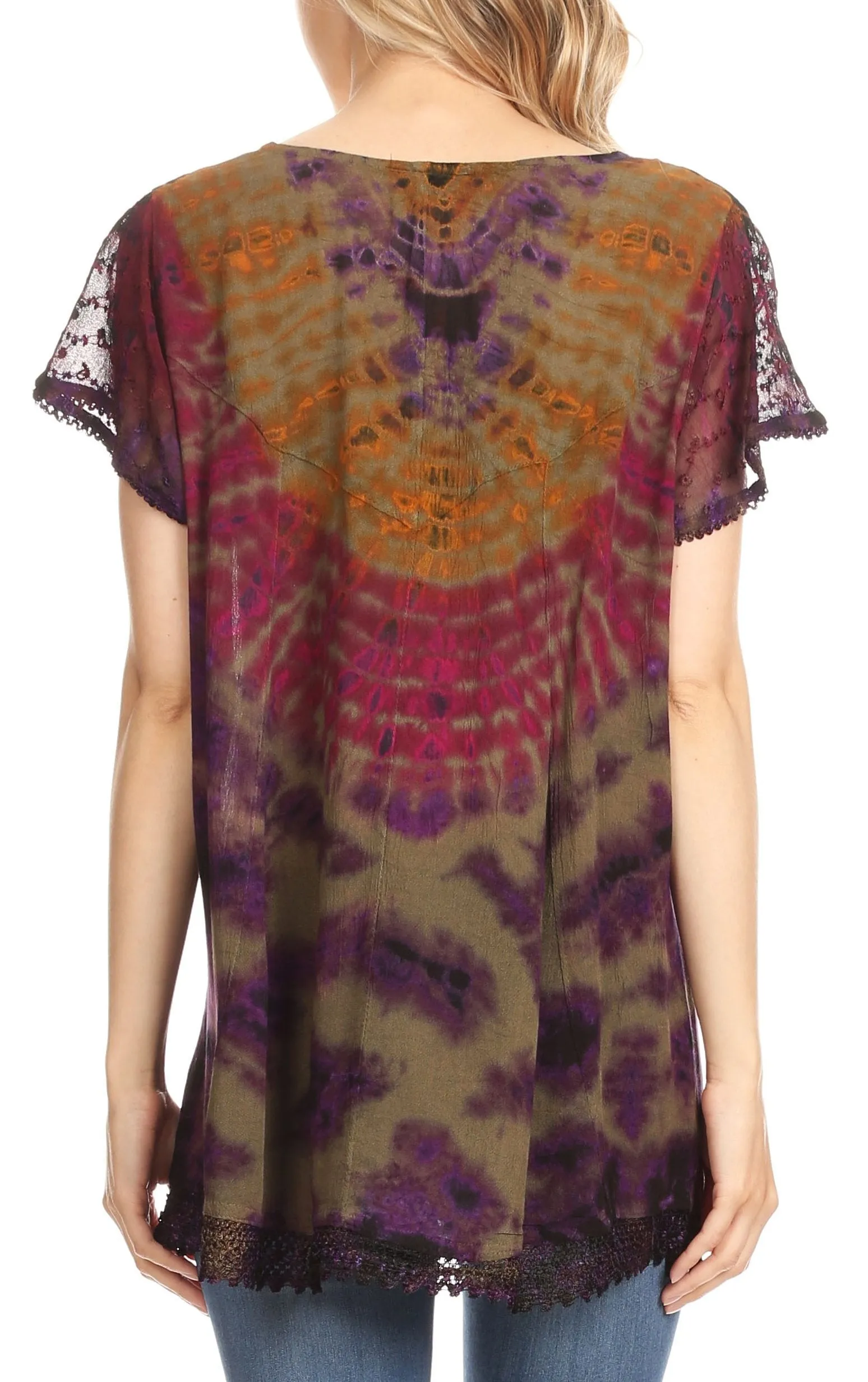 Sakkas Josea Relaxed Fit Tie Dye Embroidered Crepe Cap Sleeve Blouse | Cover Up