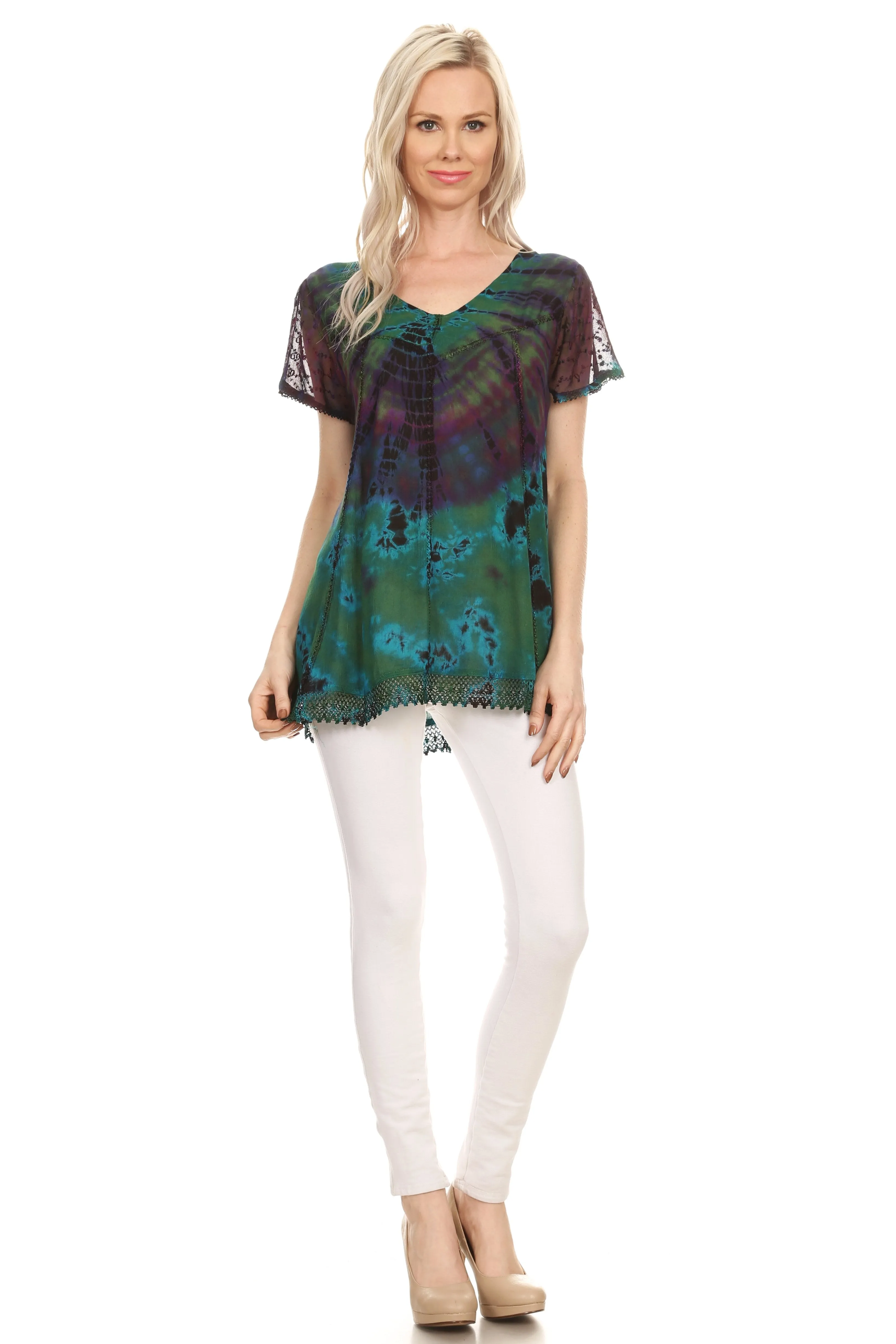 Sakkas Josea Relaxed Fit Tie Dye Embroidered Crepe Cap Sleeve Blouse | Cover Up